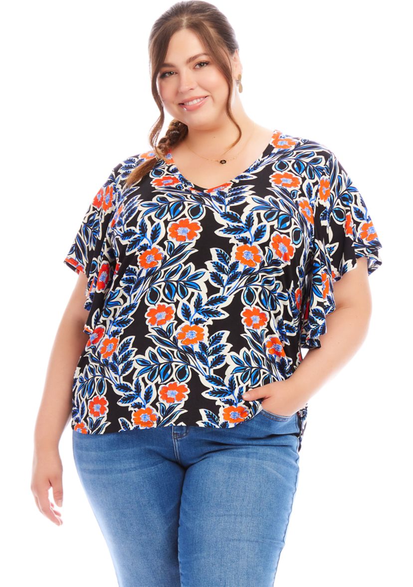 Plus Size Flutter Sleeve V-Neck Top