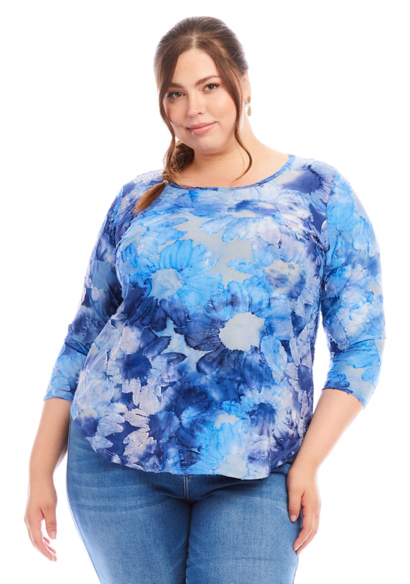 Plus Size Tie Dye Burnout Shirttail Top