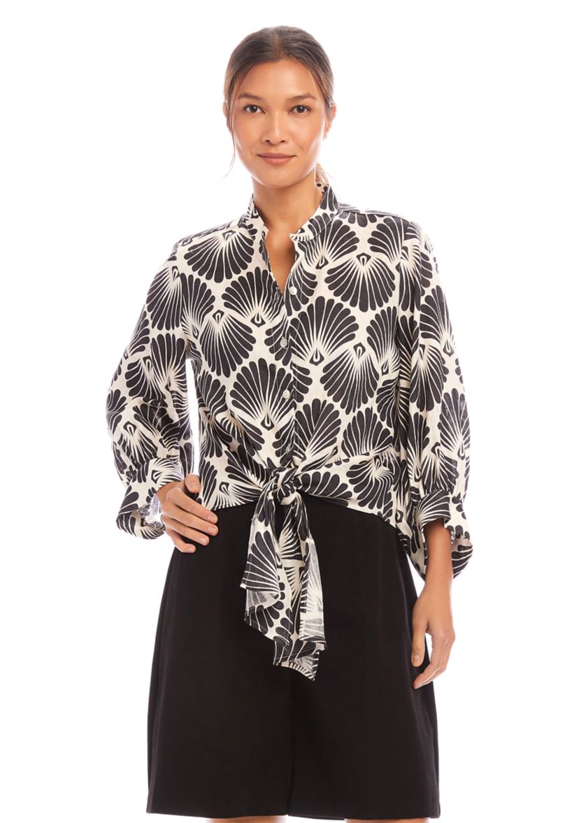 Womens Blouson Sleeve Tie Front Top