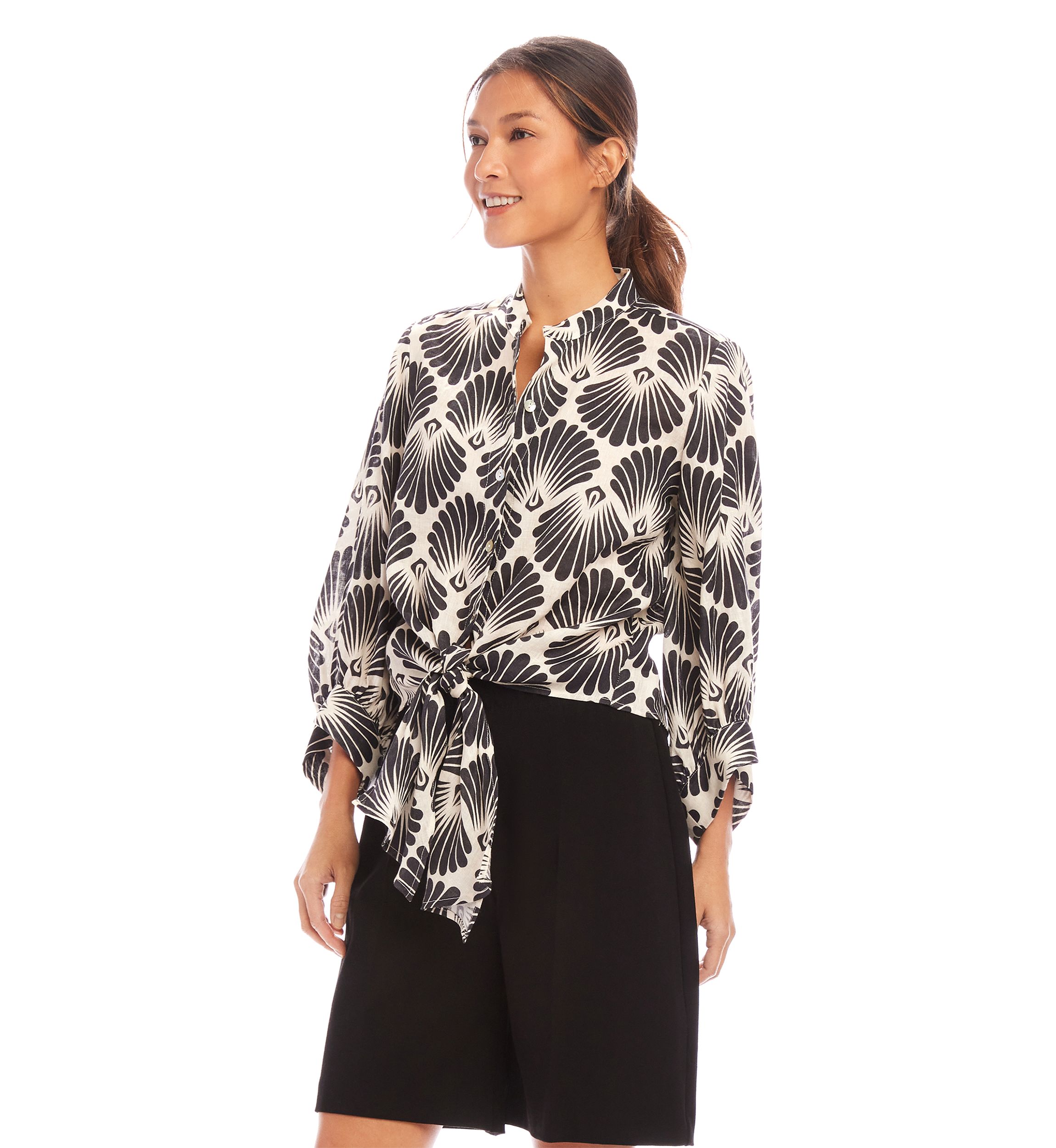 Womens Blouson Sleeve Tie Front Top