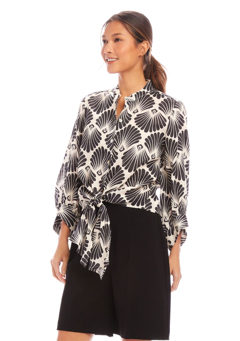 Womens Blouson Sleeve Tie Front Top