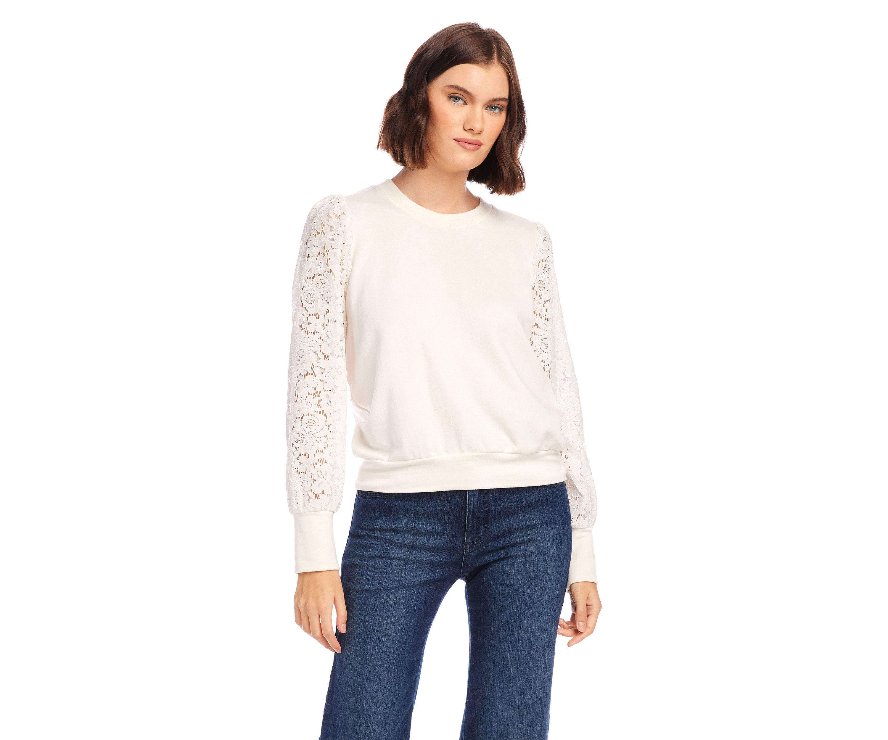 Petite Contrast Lace Sleeve Top