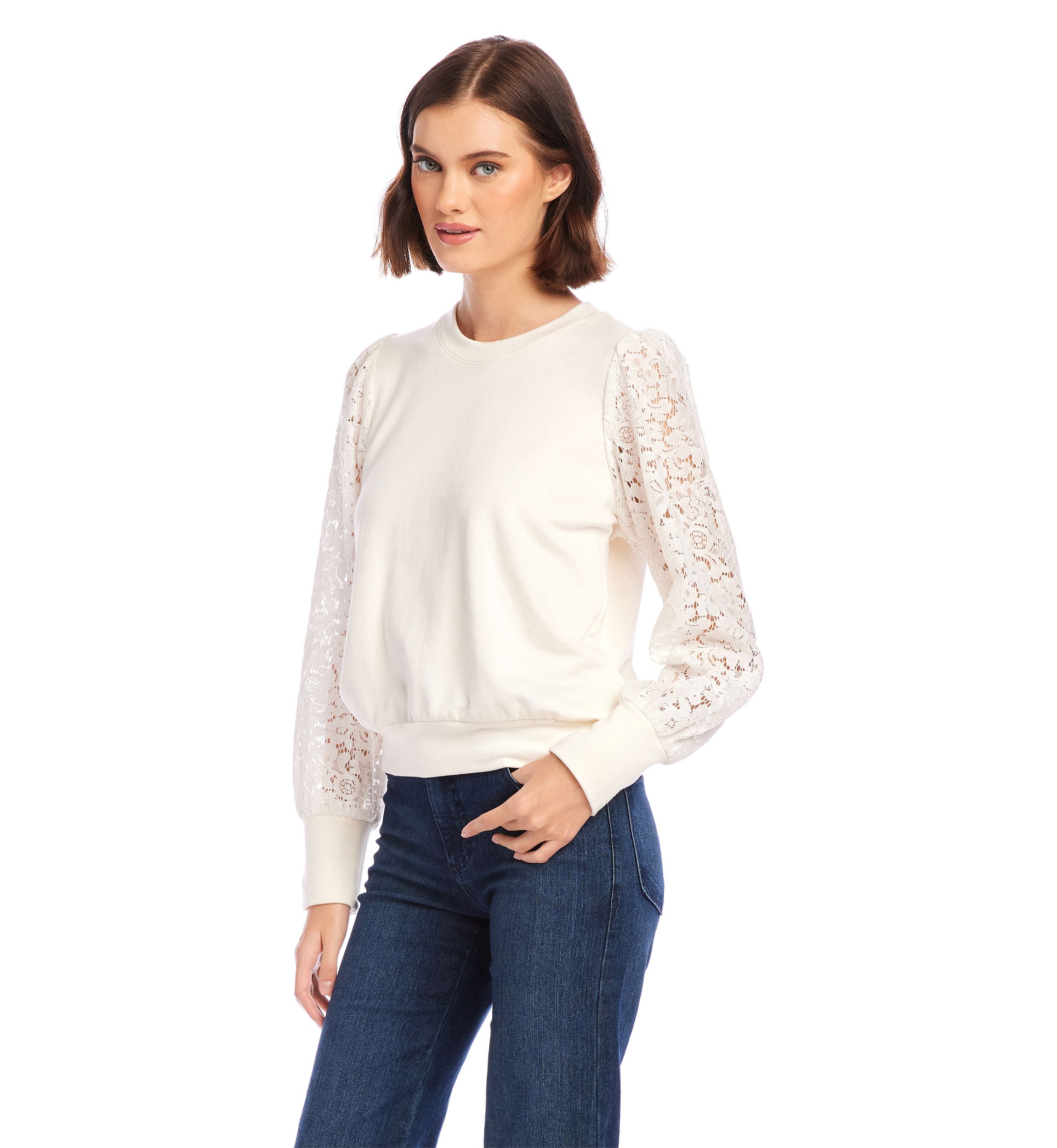 Petite Contrast Lace Sleeve Top