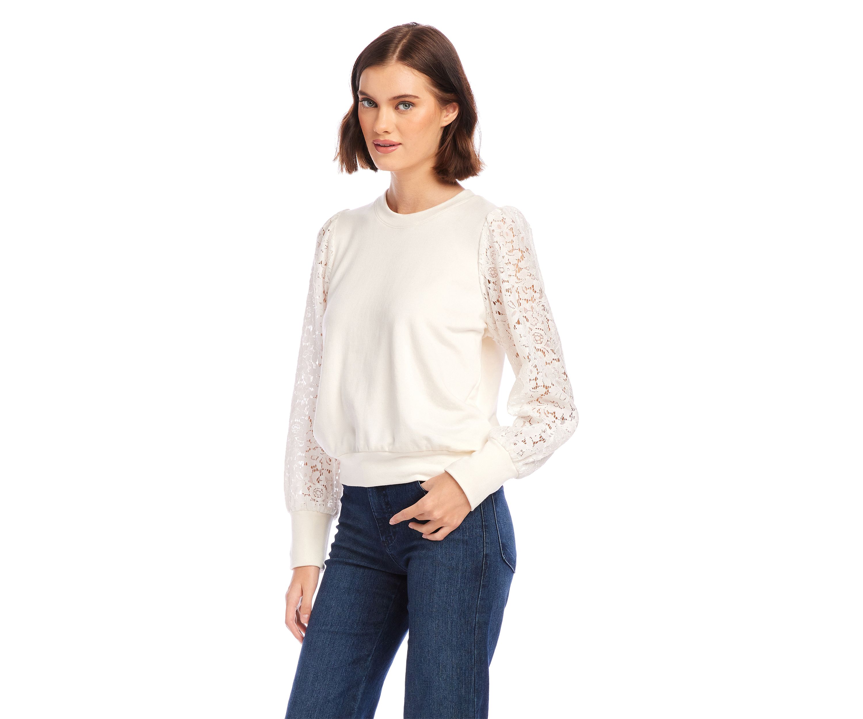 Petite Contrast Lace Sleeve Top
