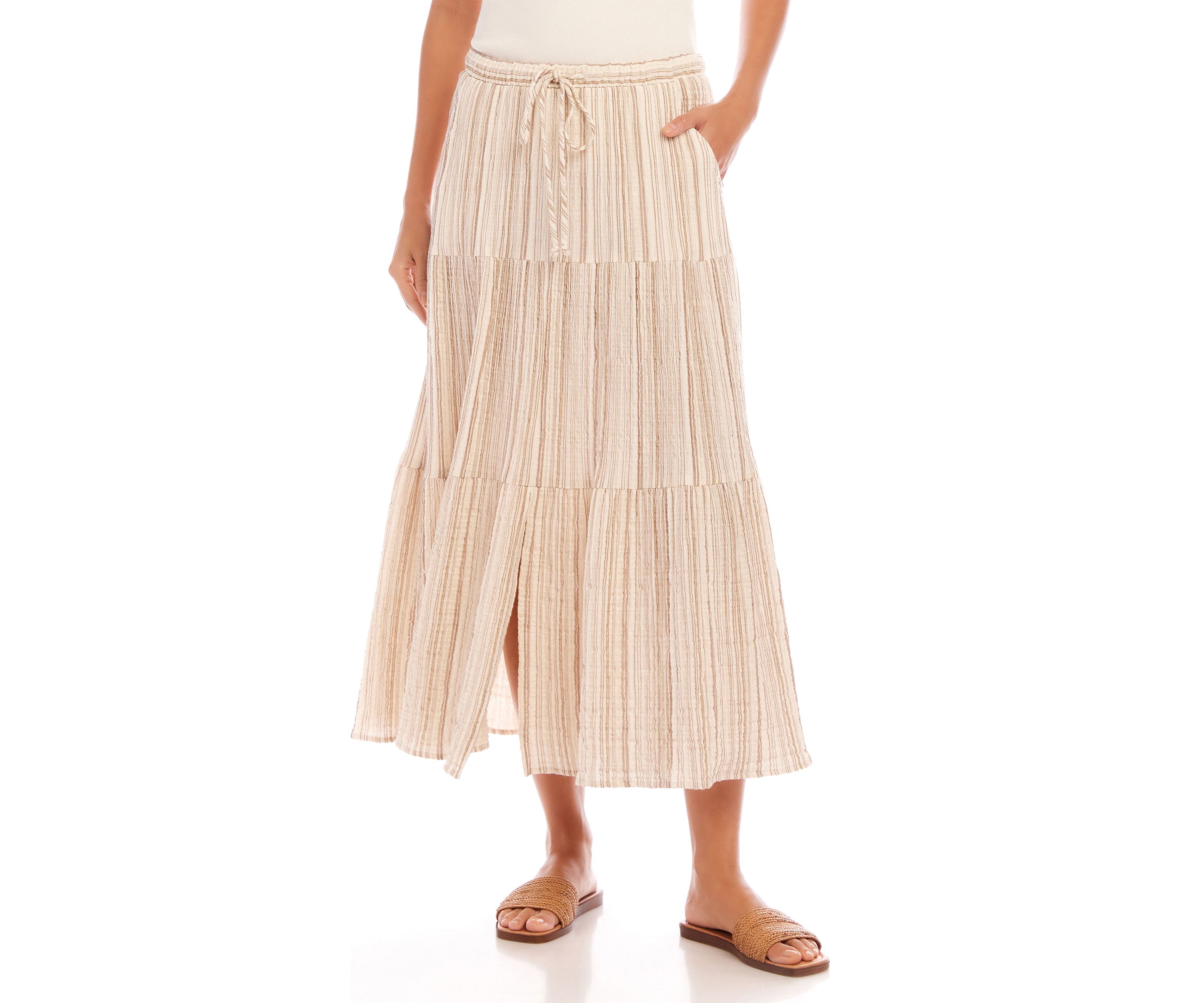 Womens Stripe Tiered Midi Skirt