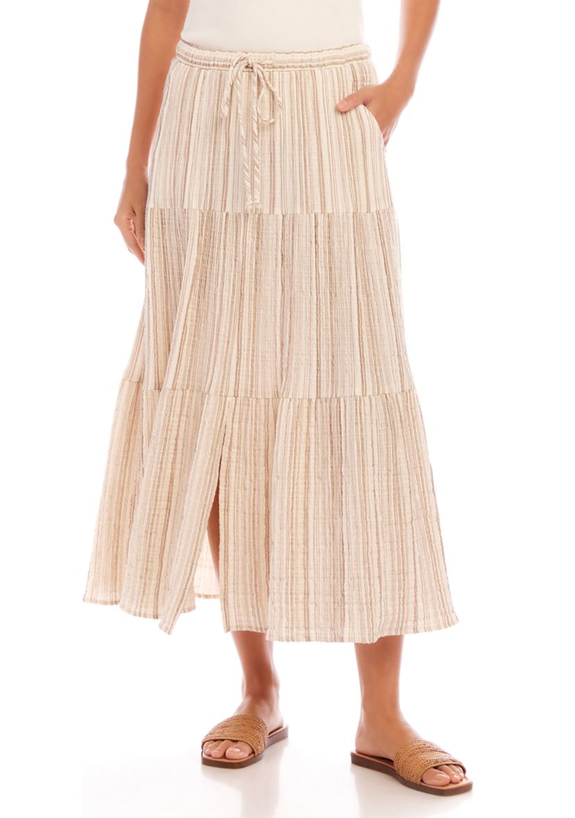 Womens Stripe Tiered Midi Skirt