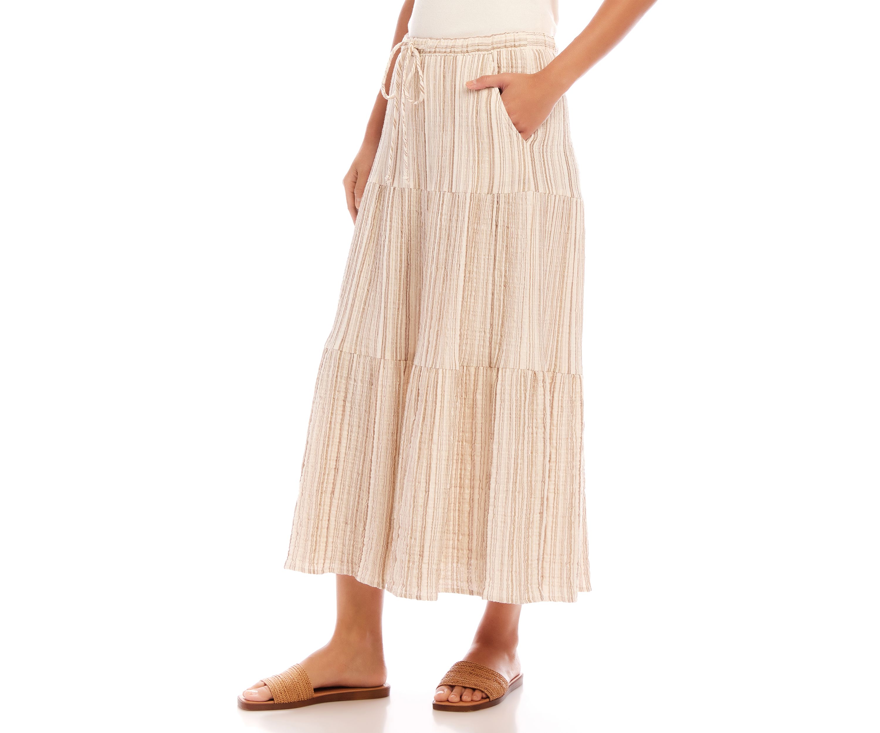Womens Stripe Tiered Midi Skirt
