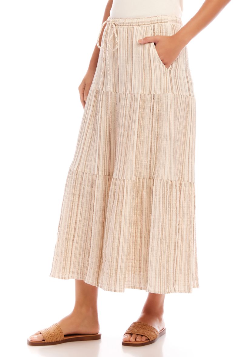 Womens Stripe Tiered Midi Skirt