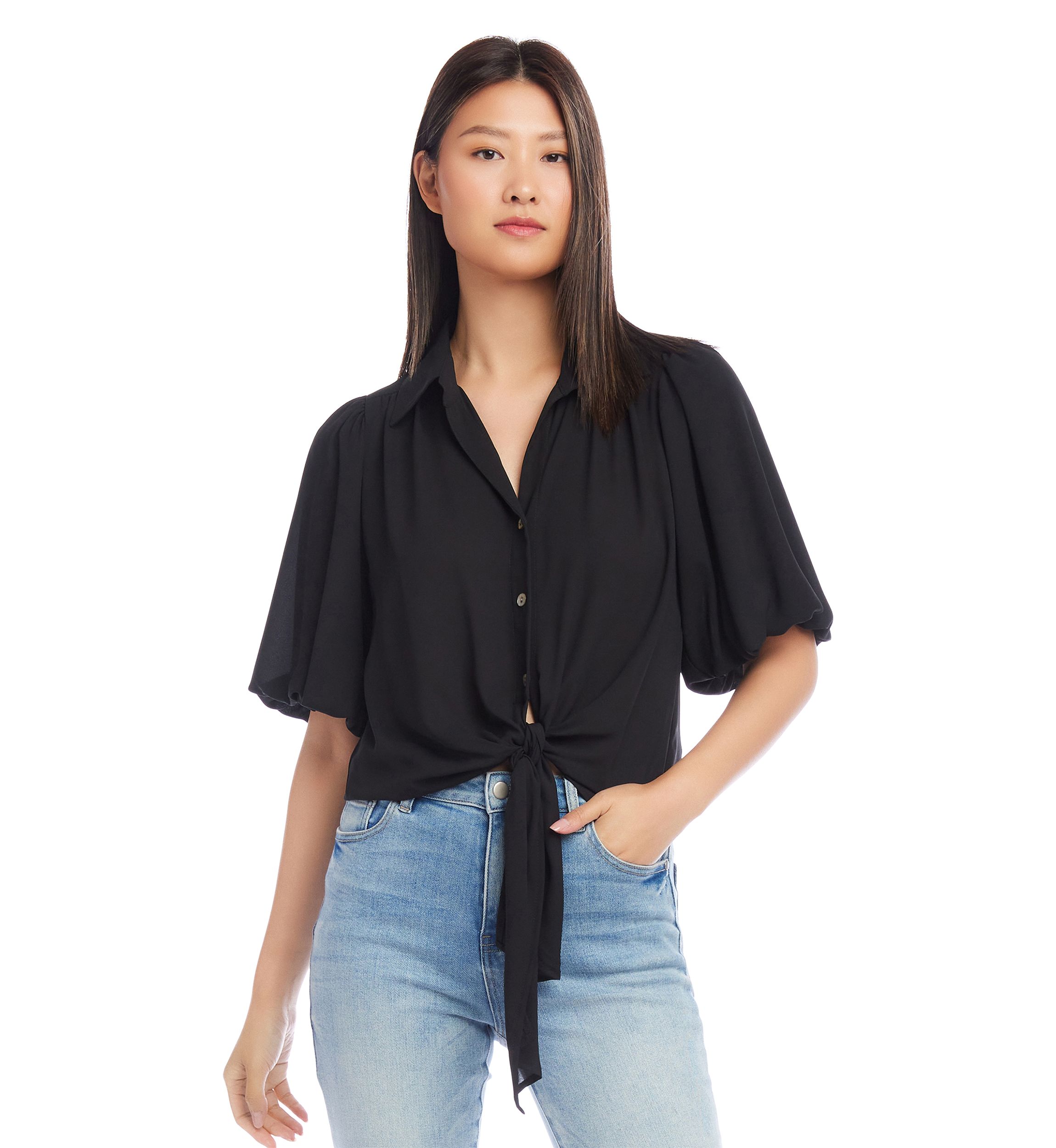 Womens Puff Sleeve Tie Front Top