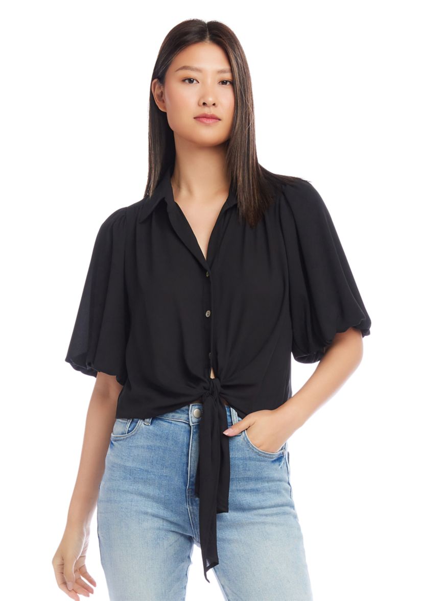 Womens Puff Sleeve Tie Front Top