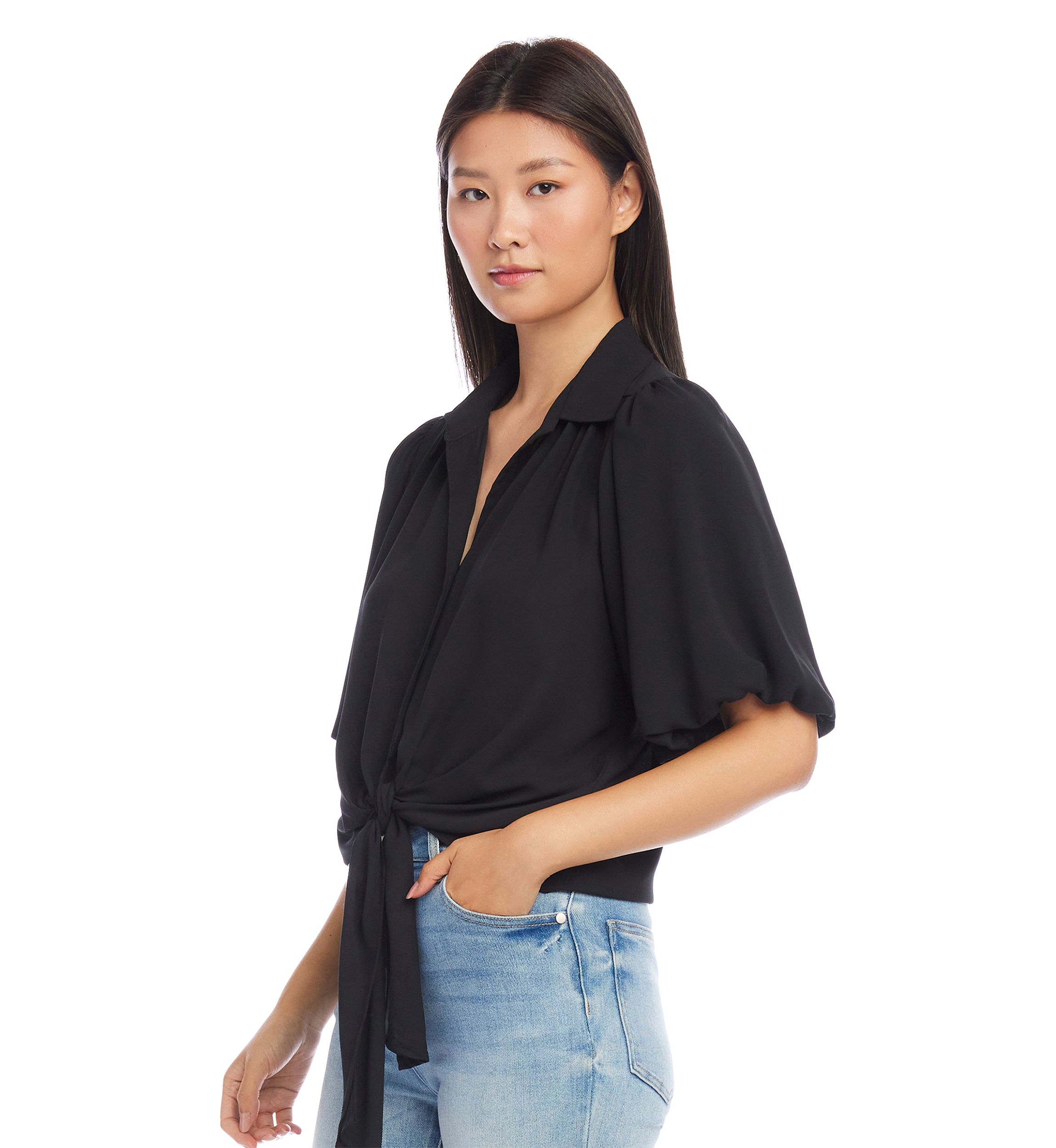 Womens Puff Sleeve Tie Front Top