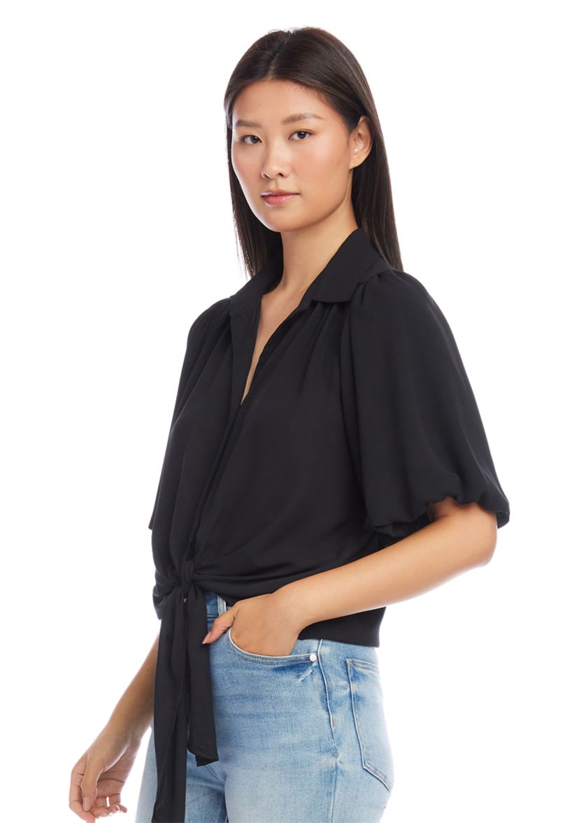Womens Puff Sleeve Tie Front Top