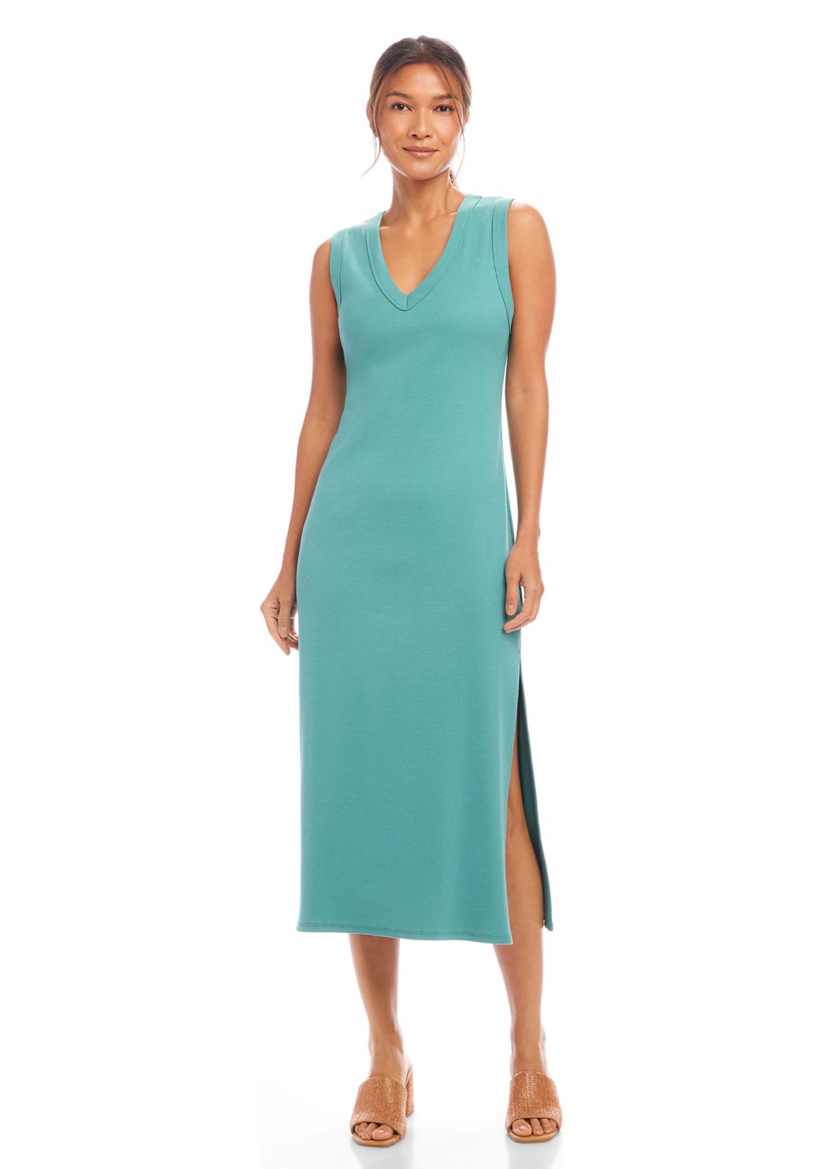 Womens Ribbed V-Neck Midi Column Dress