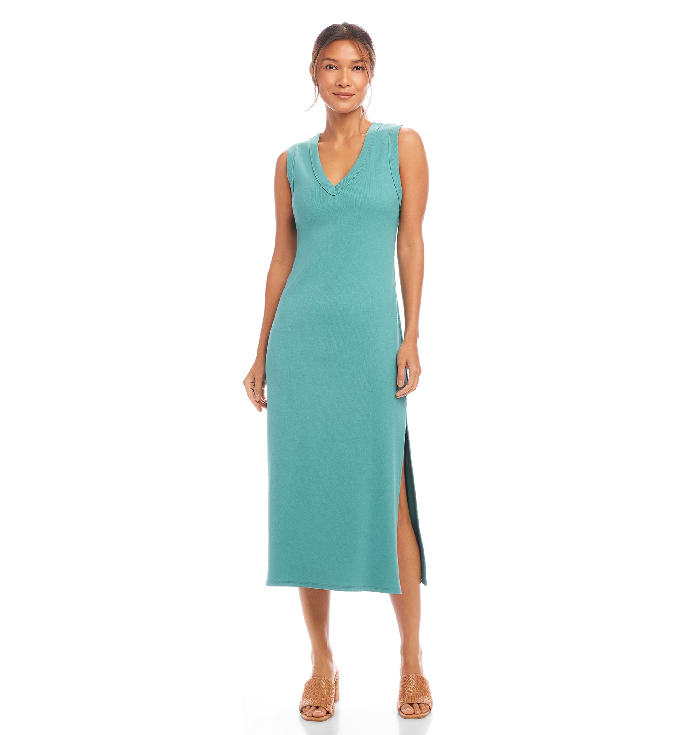 Womens Ribbed V-Neck Midi Column Dress