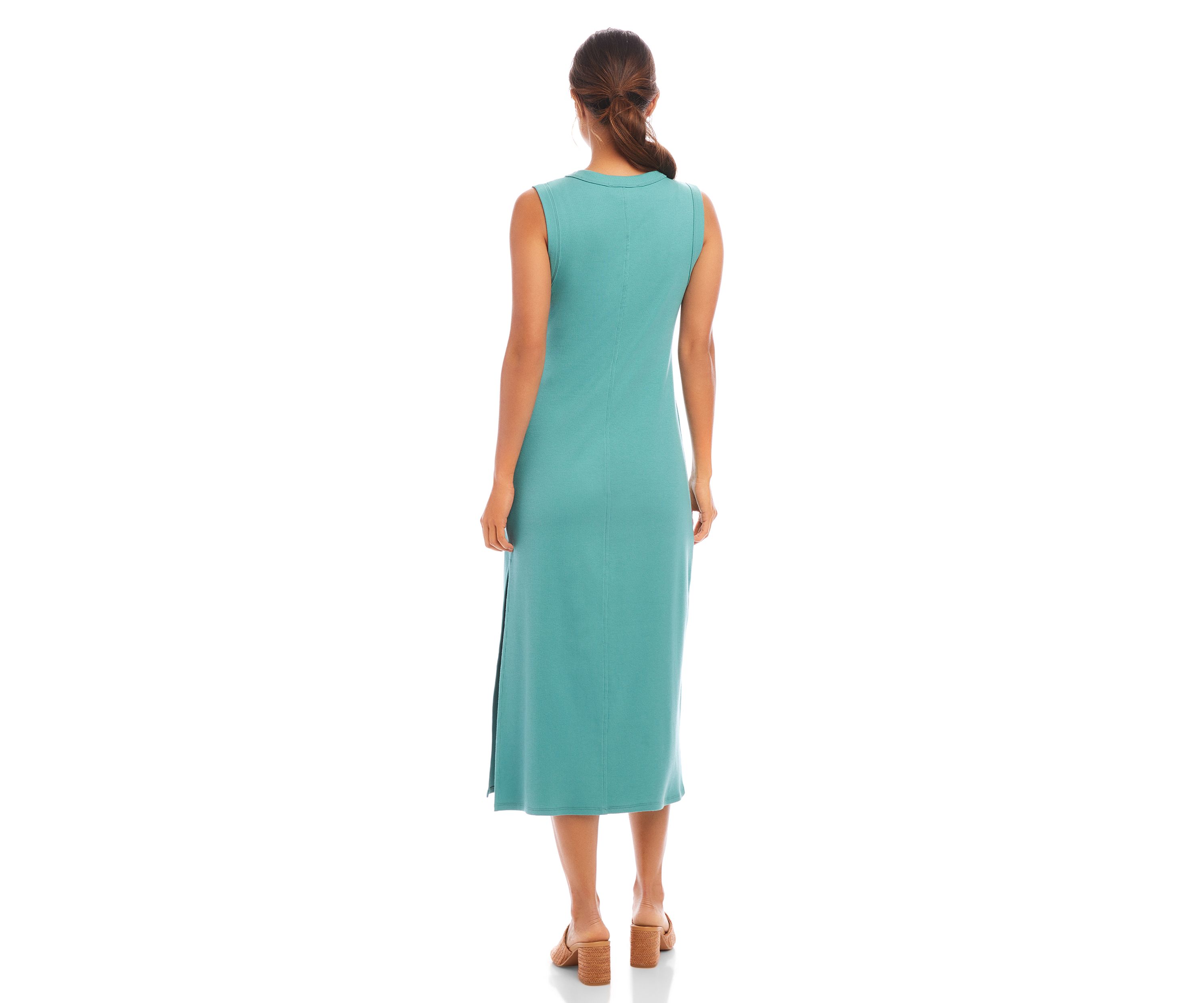 Womens Ribbed V-Neck Midi Column Dress