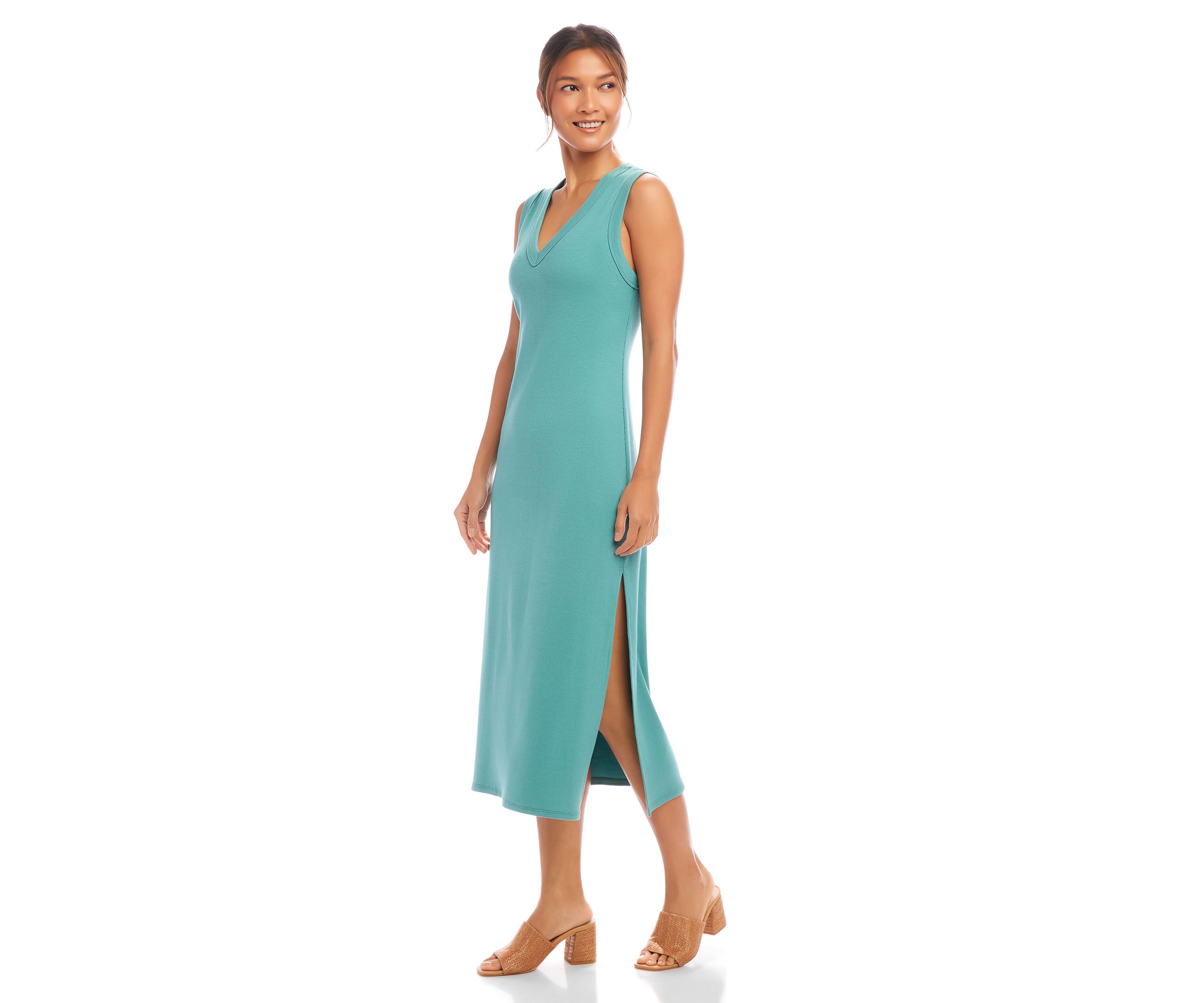 Womens Ribbed V-Neck Midi Column Dress
