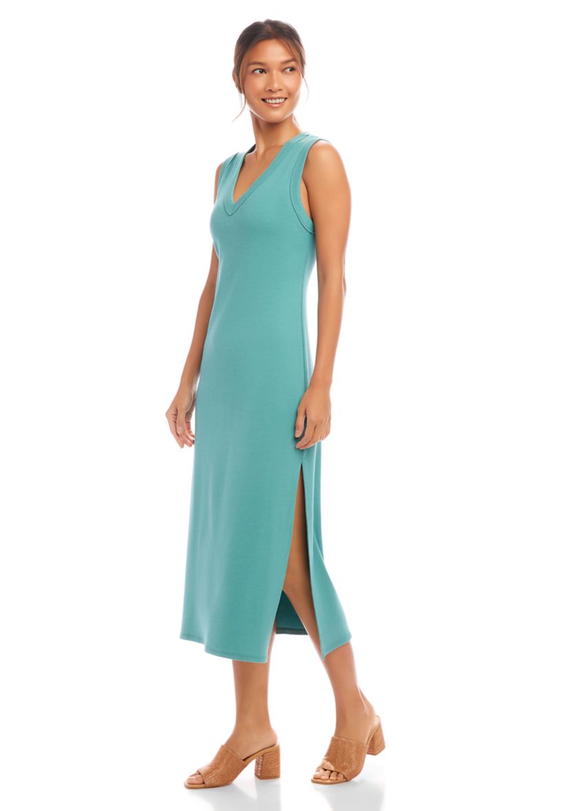Womens Ribbed V-Neck Midi Column Dress