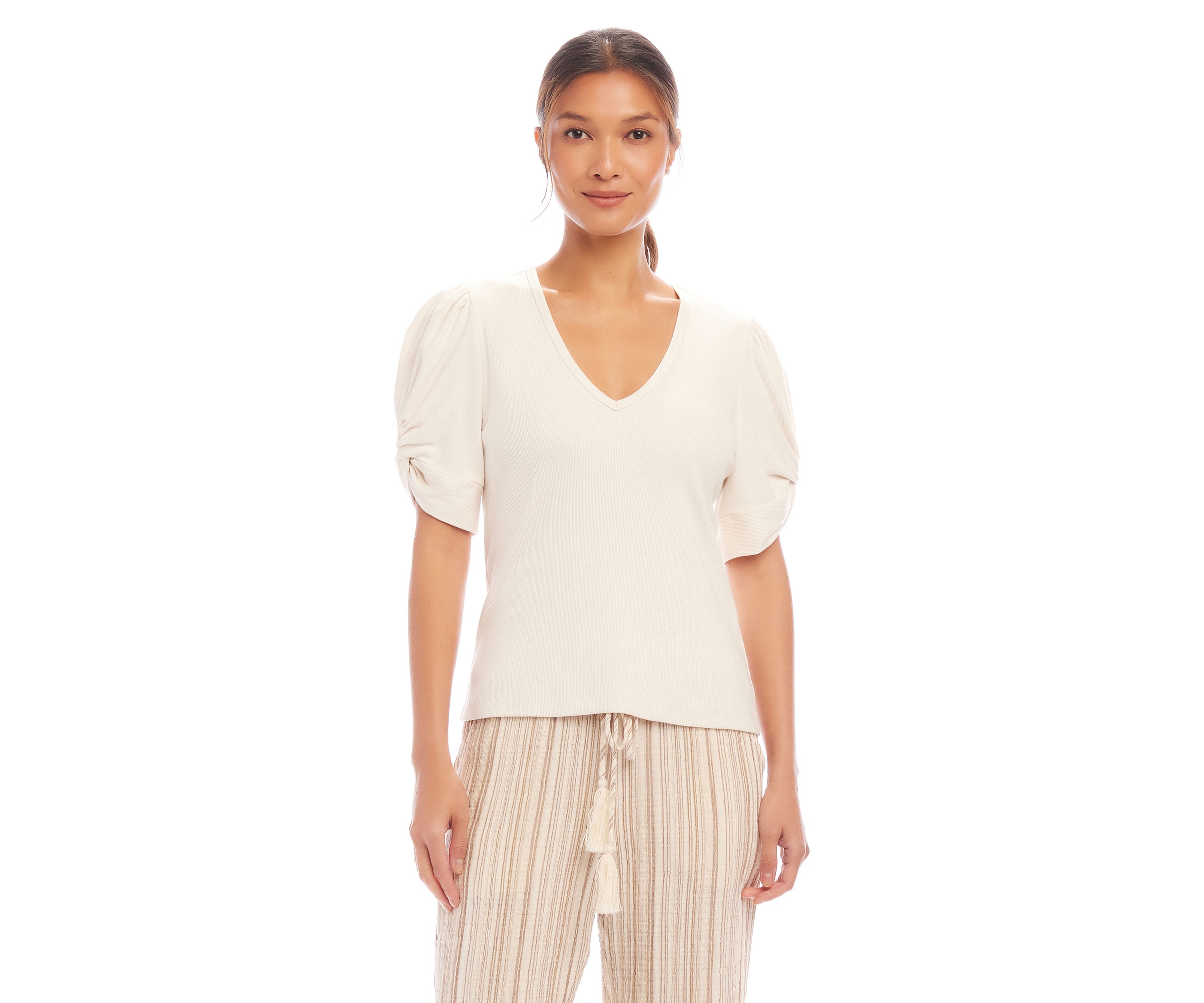 Petite Ribbed Twist Sleeve Top