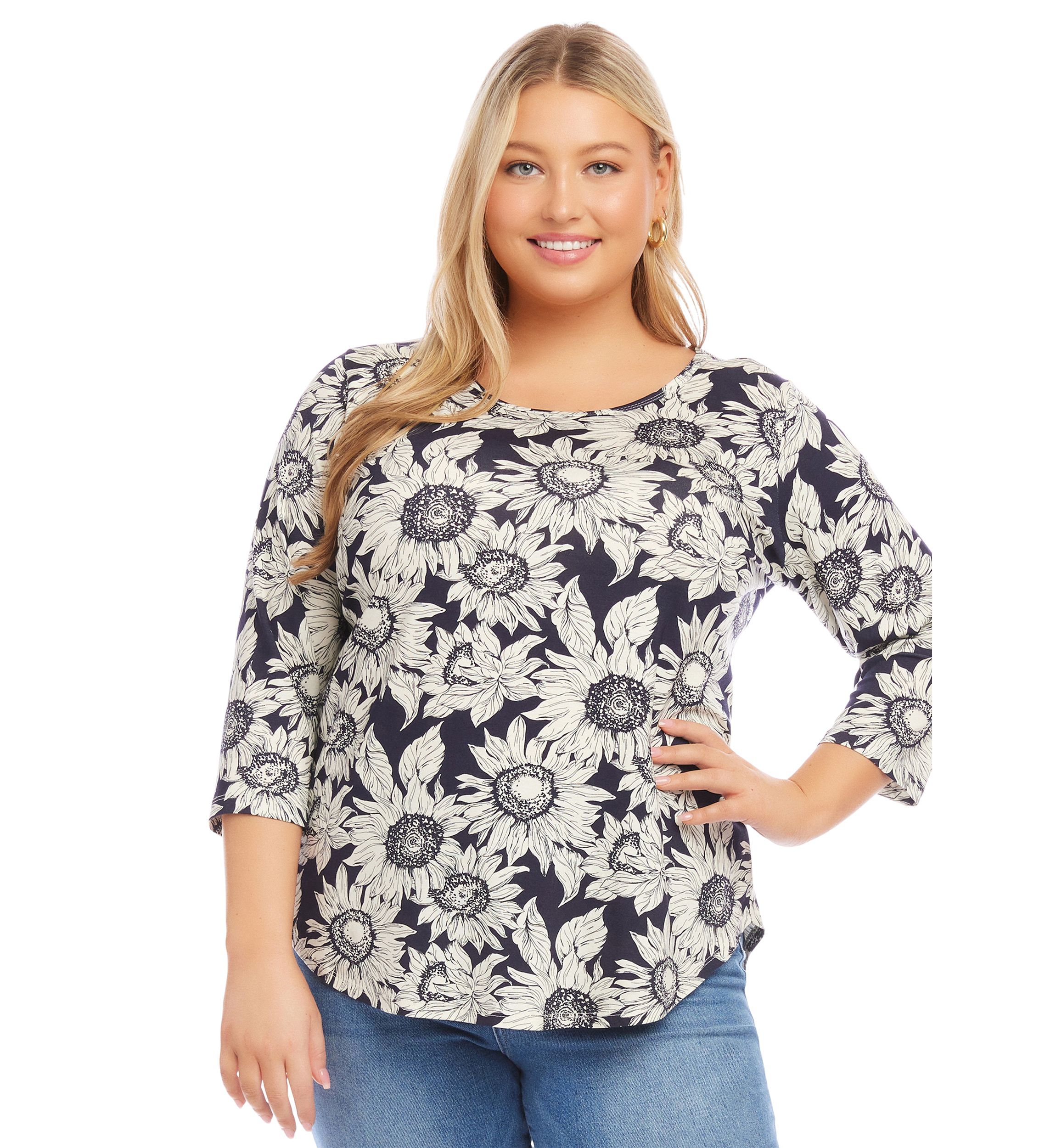 Plus Size 3/4 Sleeve Shirttail Top