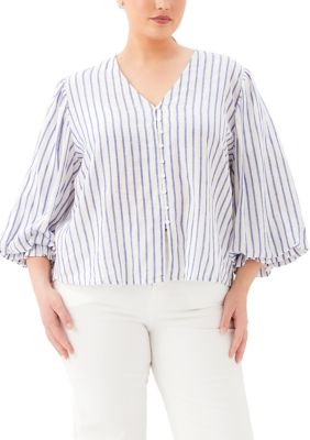 Karen Kane Women's Plus Size Stripe Layered Sleeve Shirred Blouse, 3X