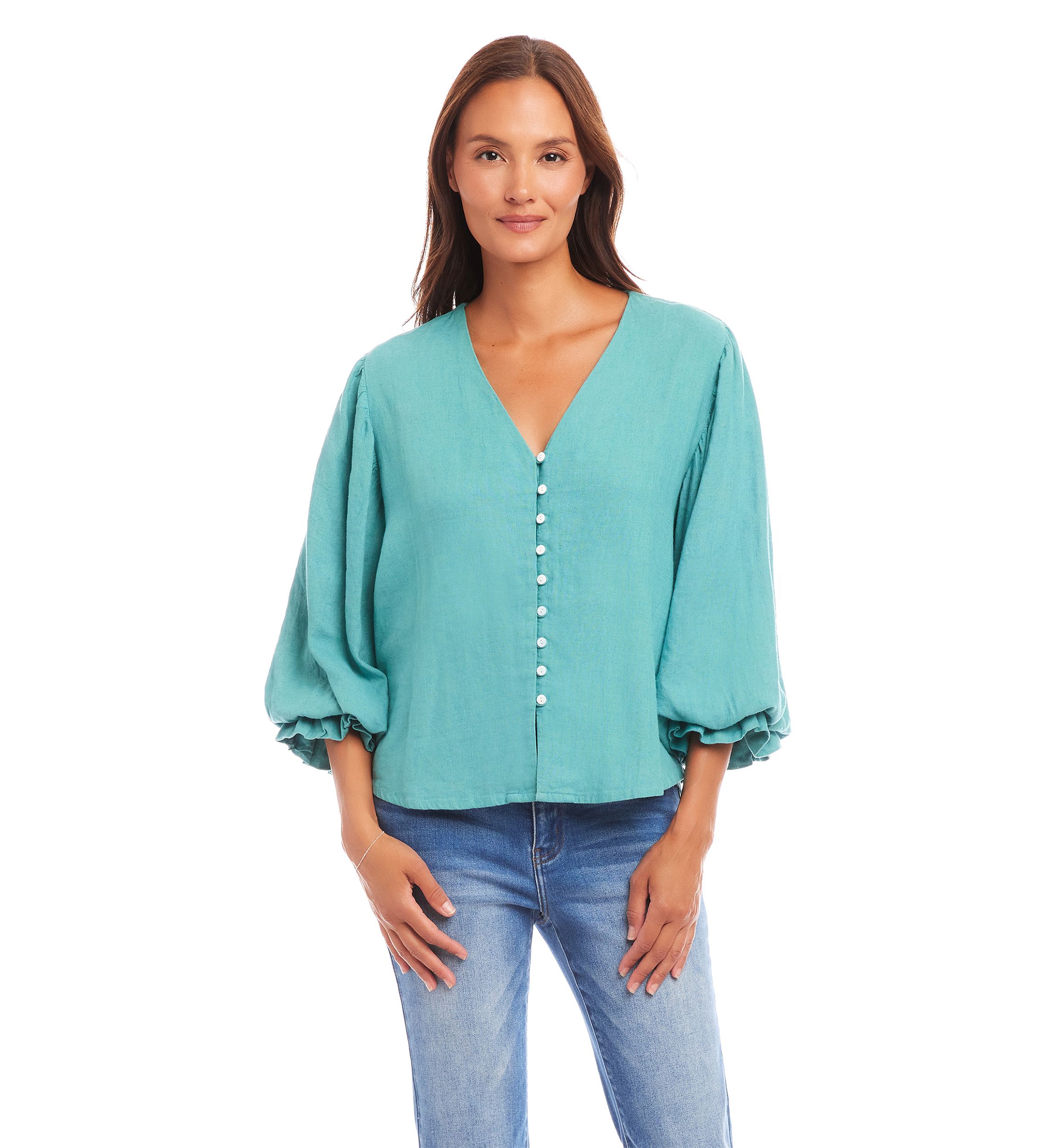 Womens Layered Sleeve Shirred Blouse