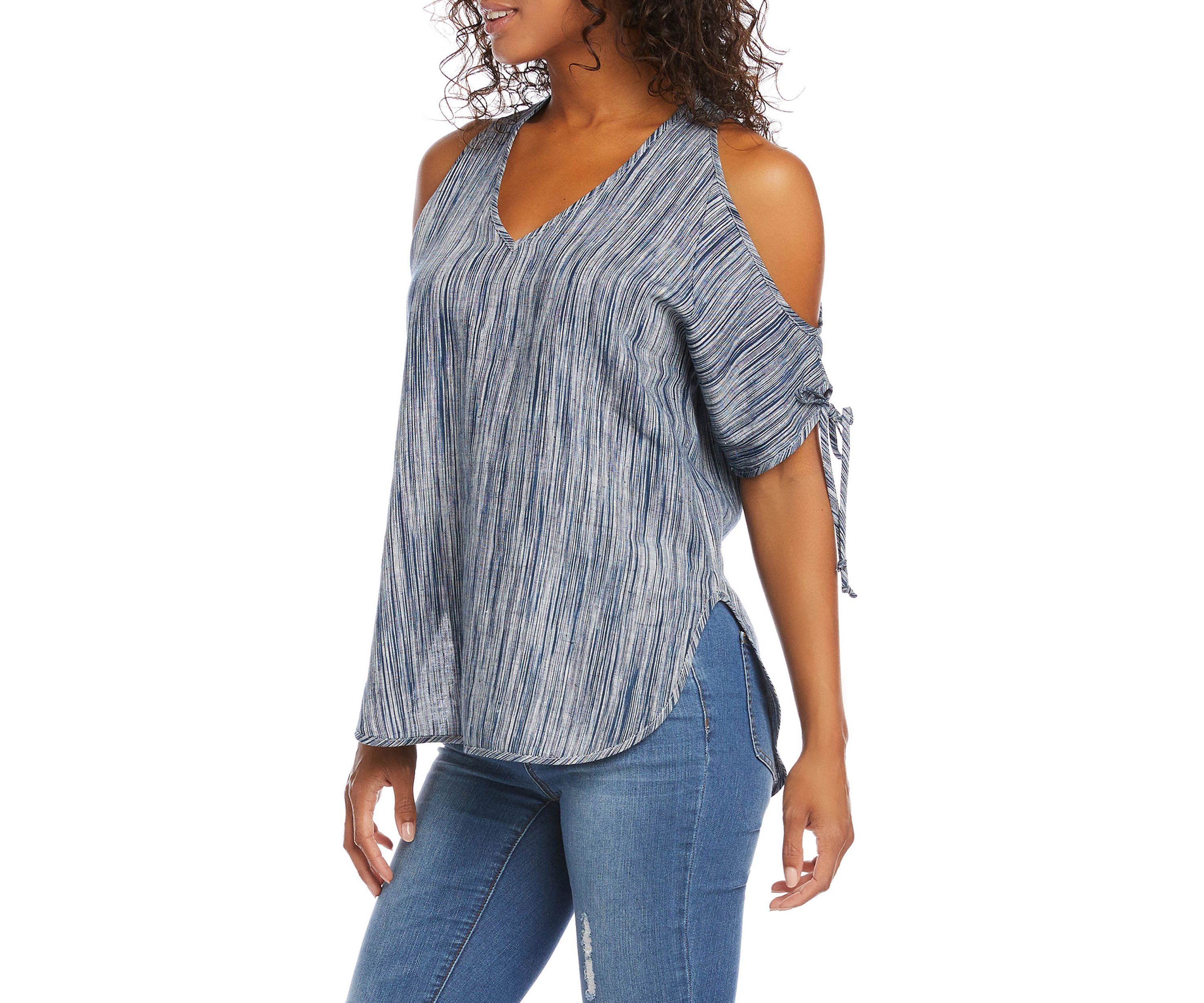 Womens Cold Shoulder Tie Sleeve Top 