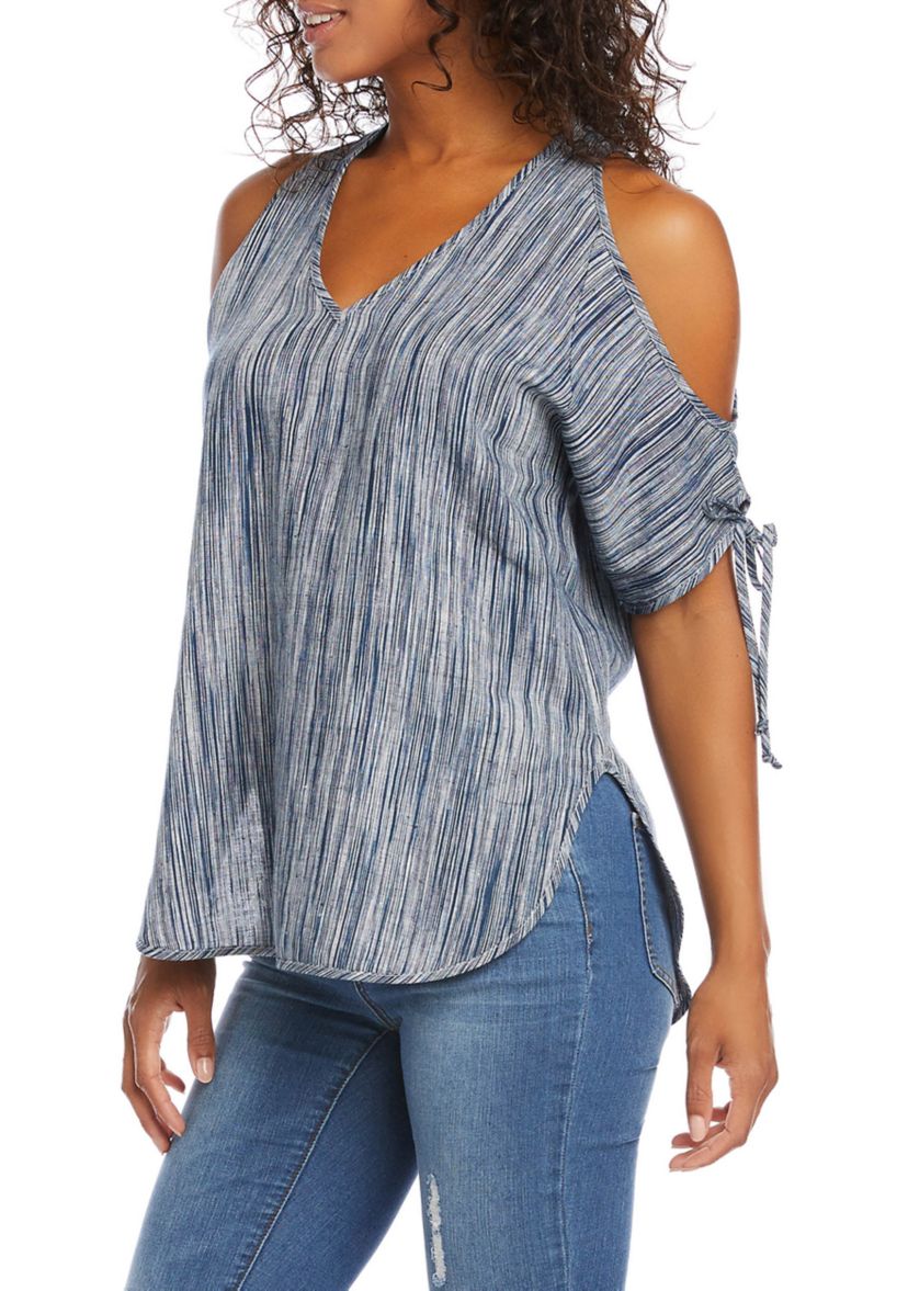 Womens Cold Shoulder Tie Sleeve Top 