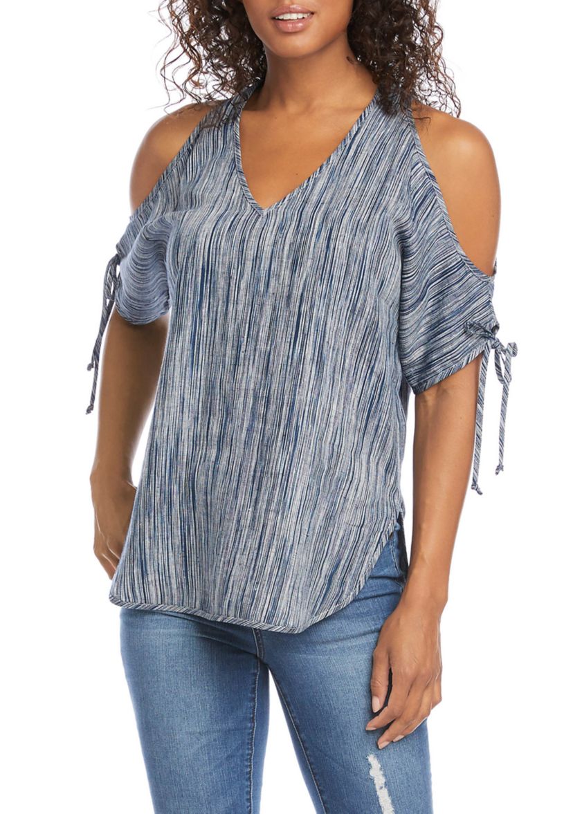 Womens Cold Shoulder Tie Sleeve Top 