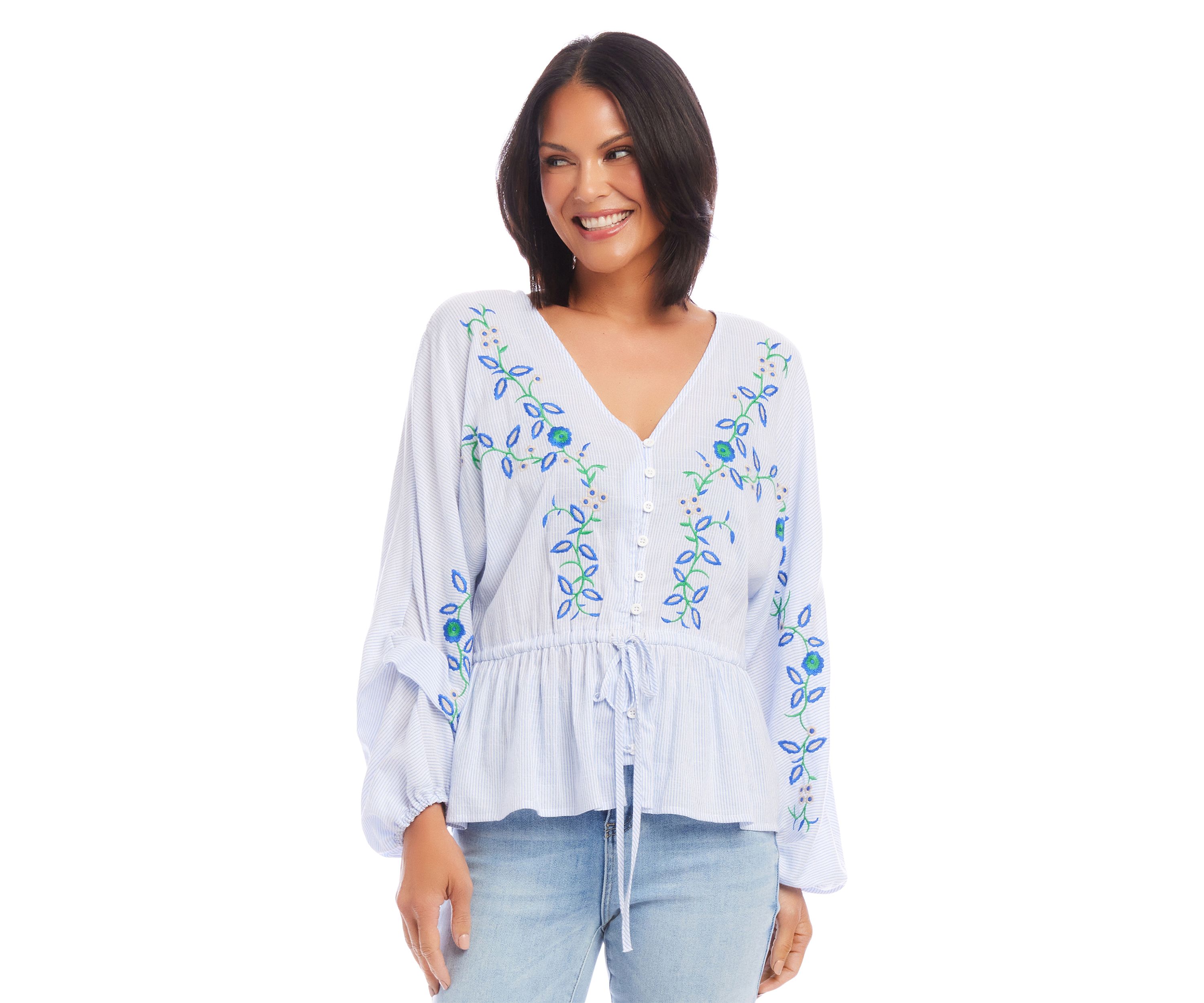 Petite Size Embroidered Drawstring Top