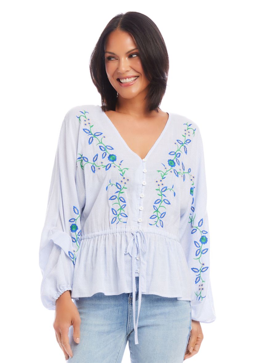 Petite Size Embroidered Drawstring Top