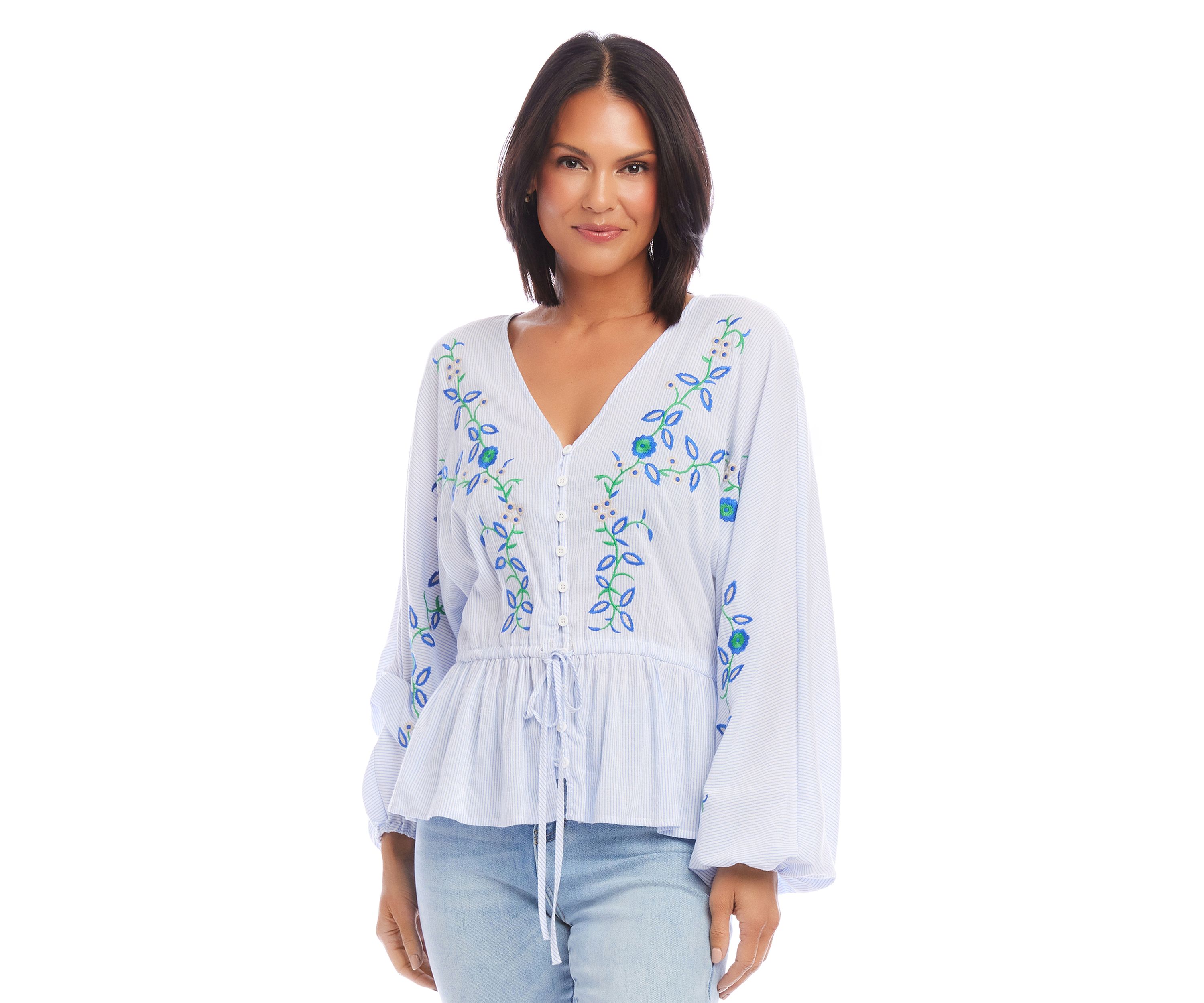 Petite Size Embroidered Drawstring Top