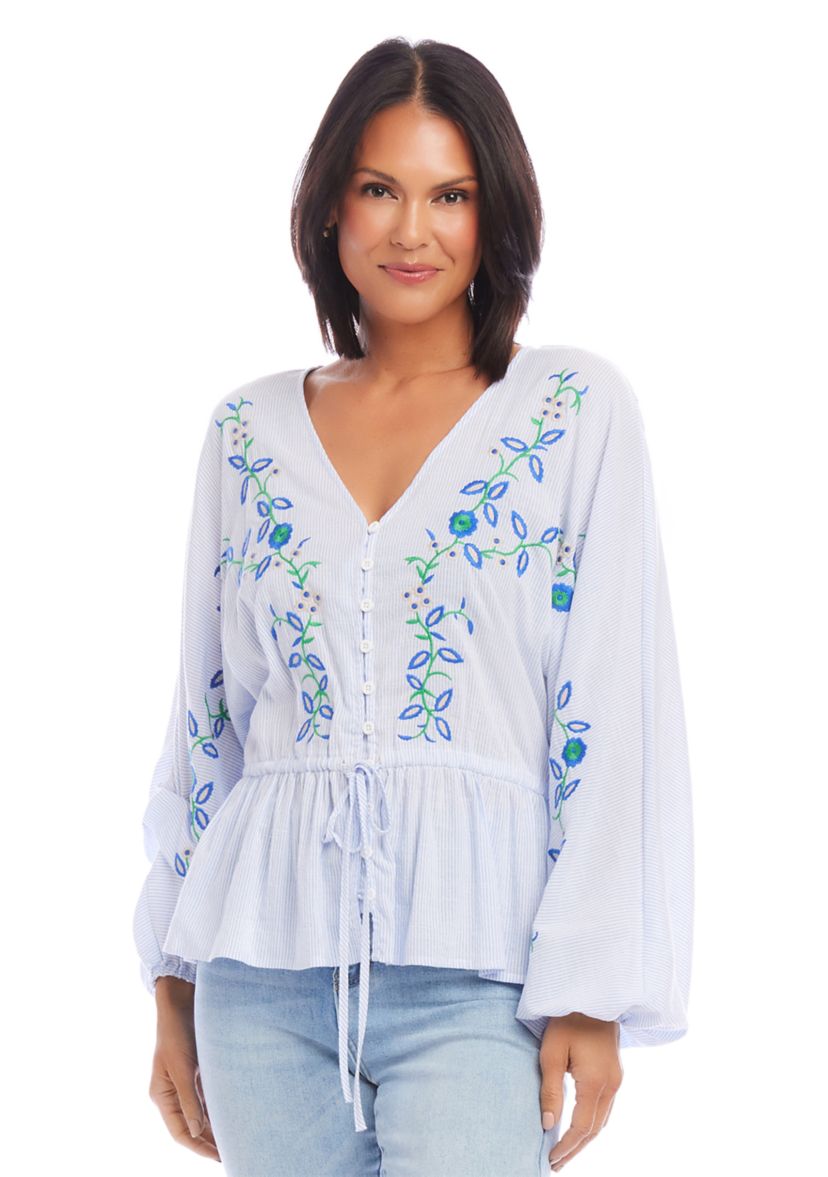 Petite Size Embroidered Drawstring Top