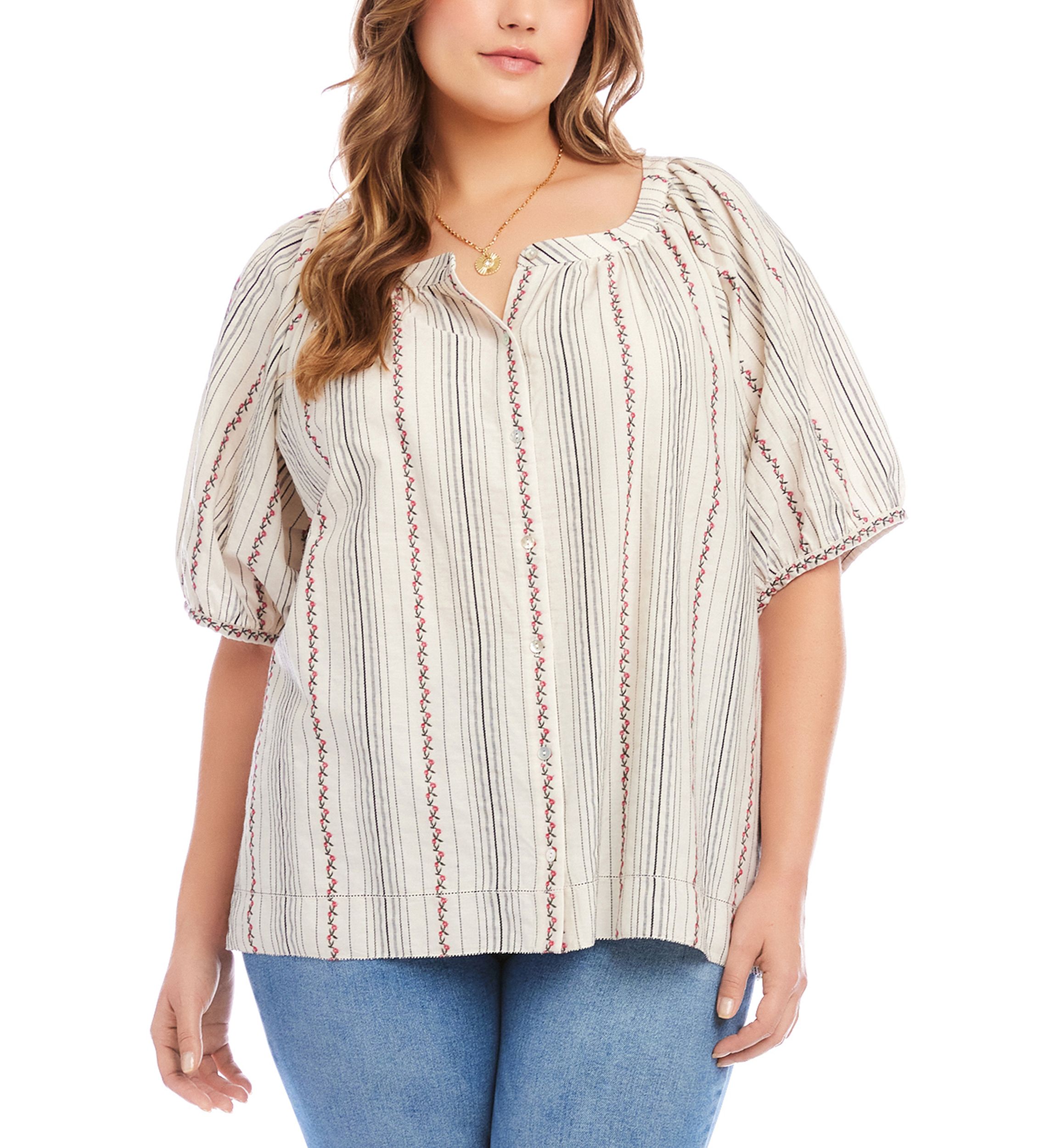 Karen Kane Plus Size Stripe Puff Sleeve Embroidered Peasant Top | Belk