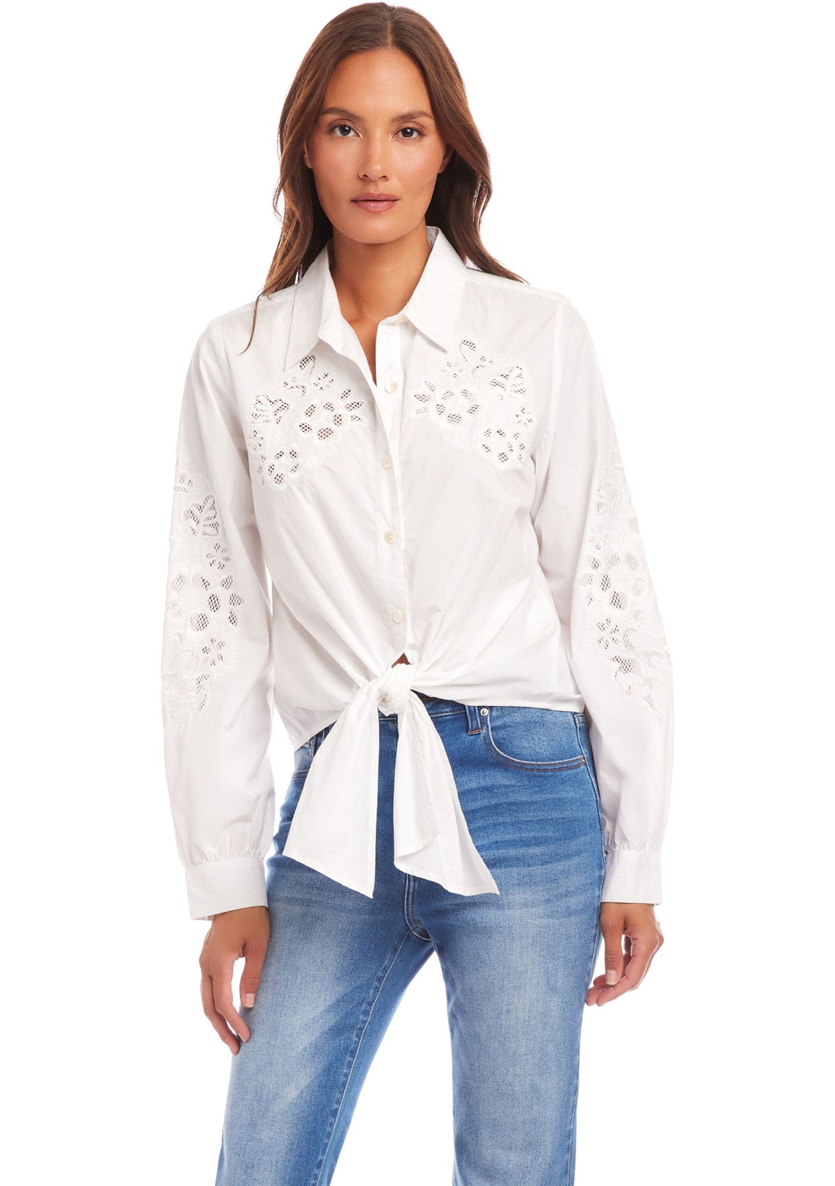 Womens Embroidered Tie Front Top