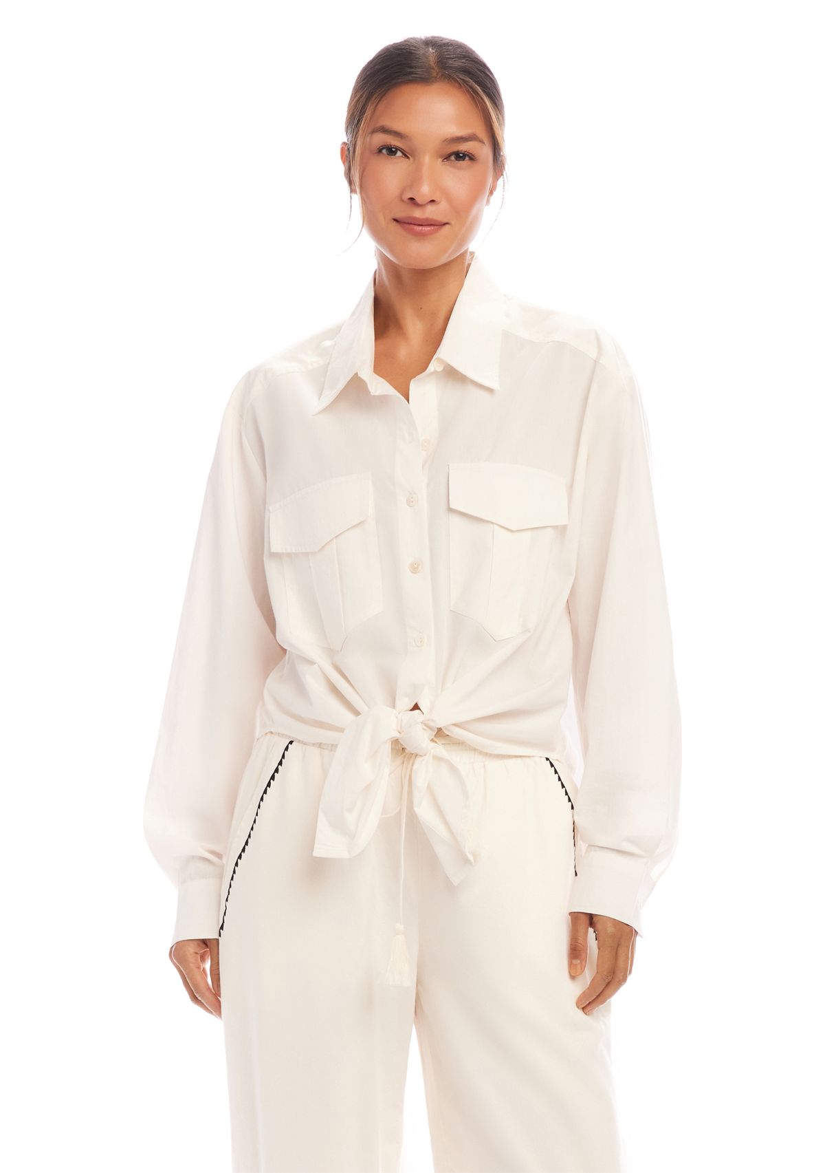 Womens Long Sleeve Tie-Front Top