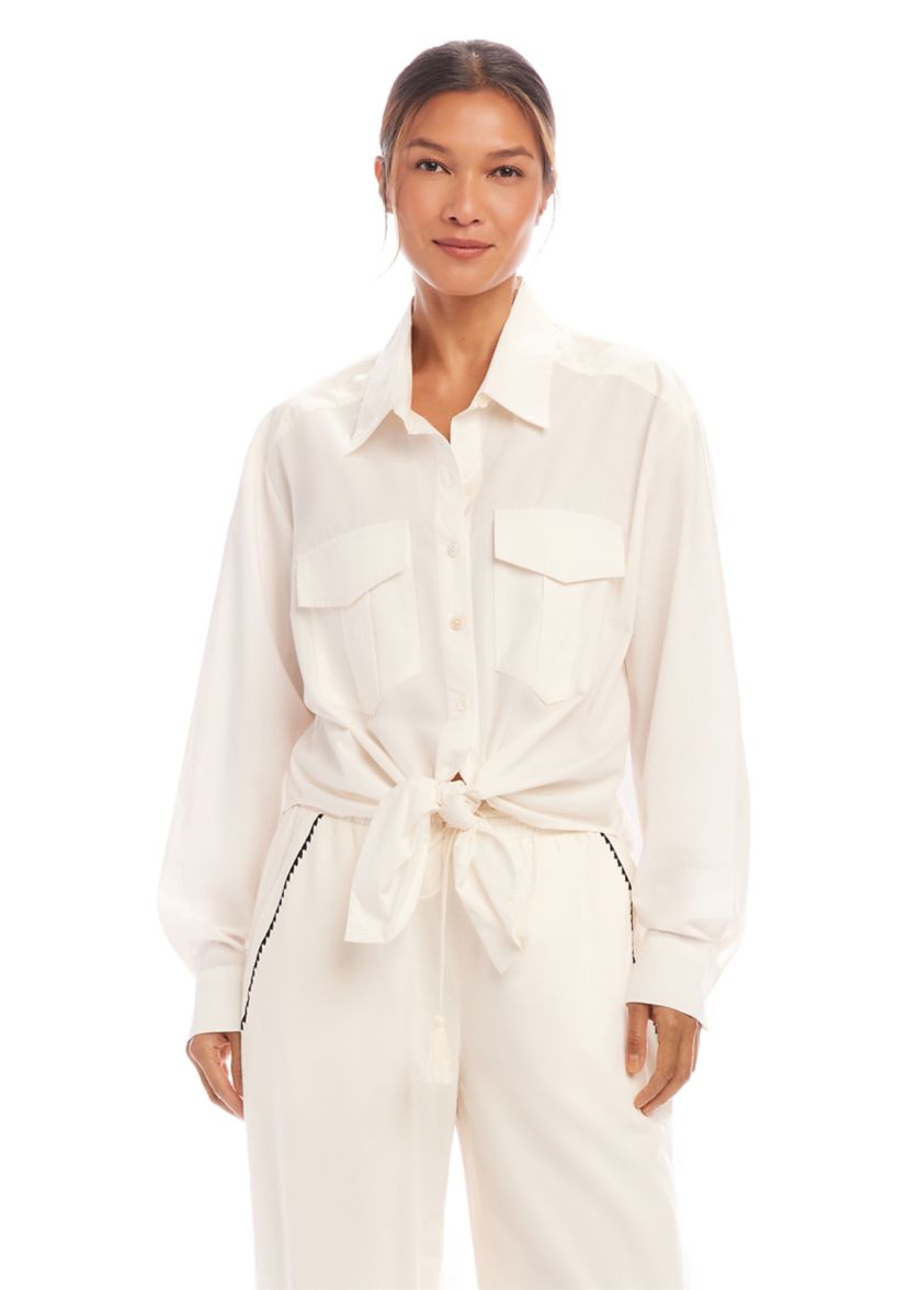 Womens Long Sleeve Tie-Front Top