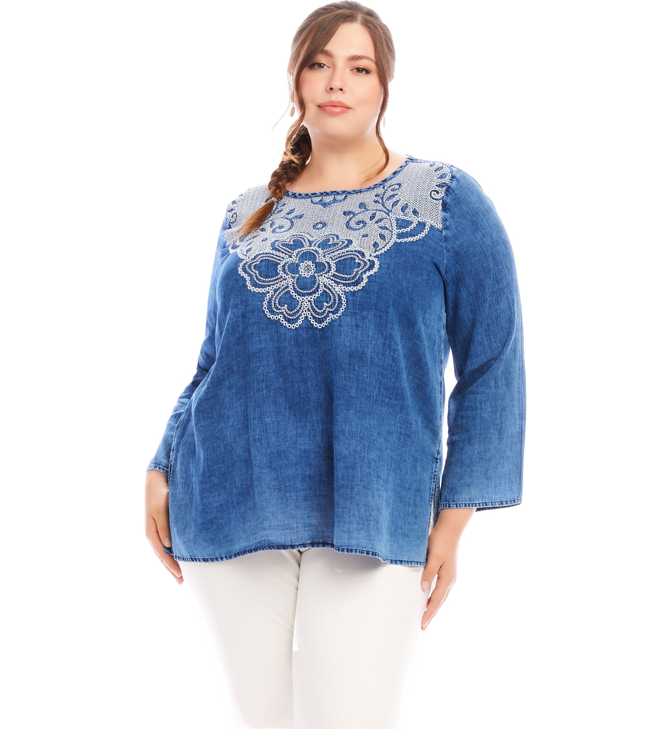 Plus Size Embroidered Boatneck Tunic