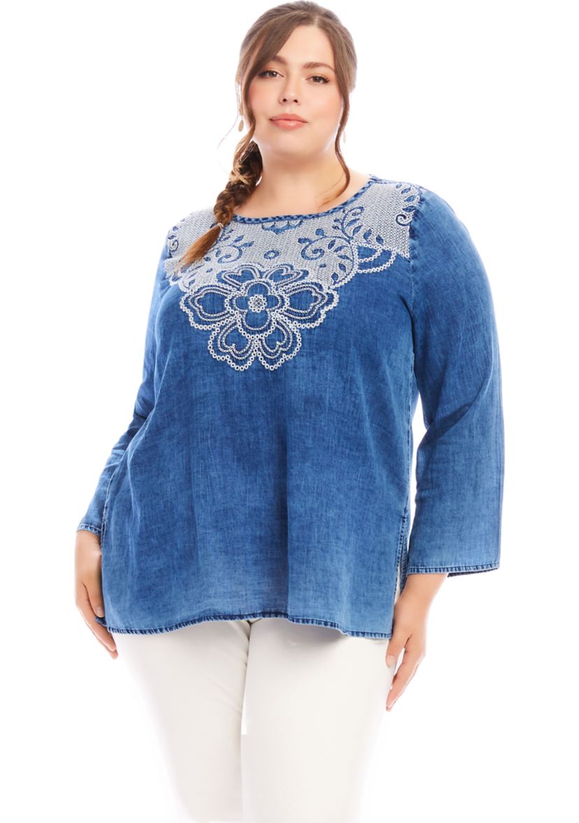 Plus Size Embroidered Boatneck Tunic