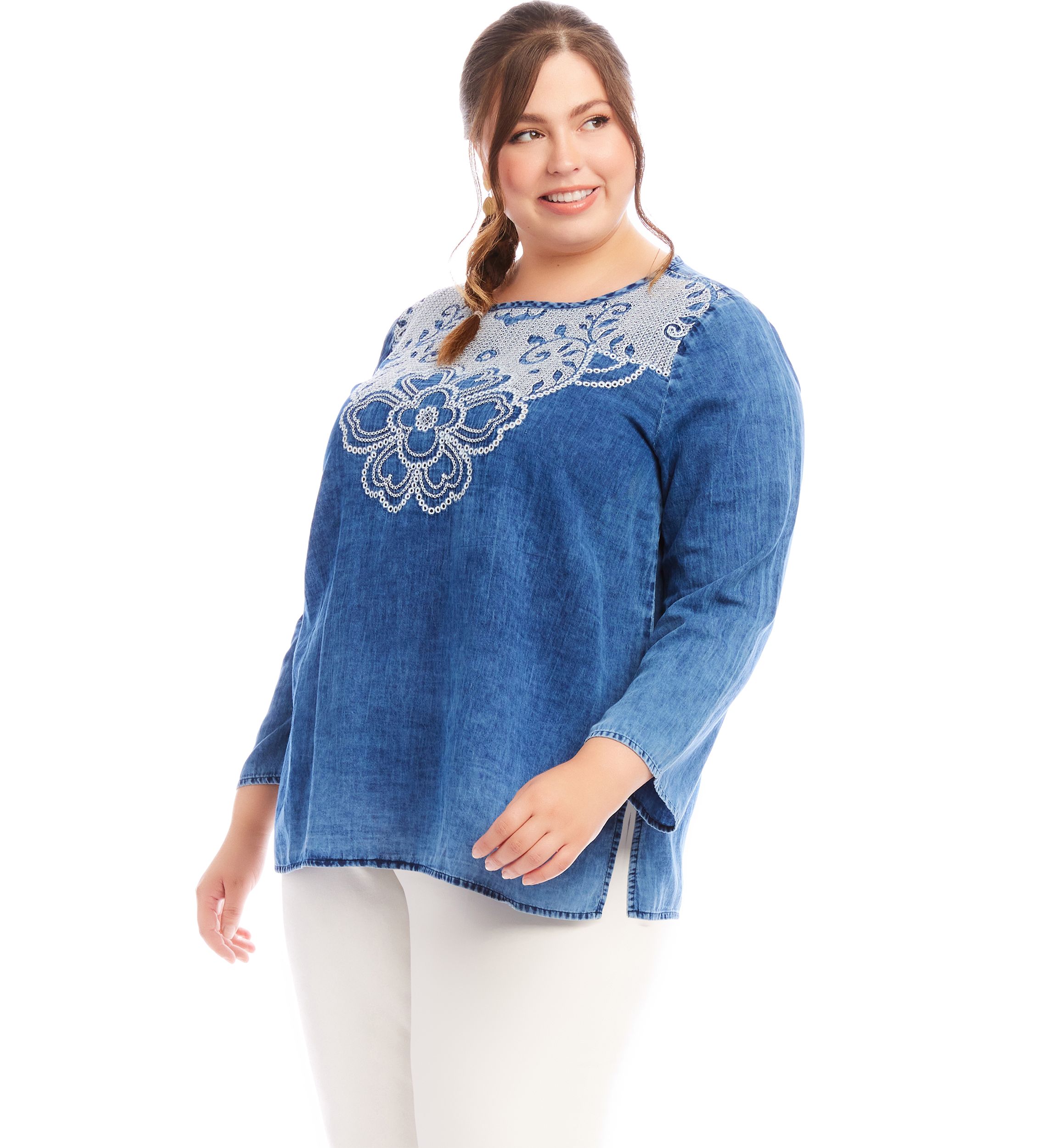 Plus Size Embroidered Boatneck Tunic