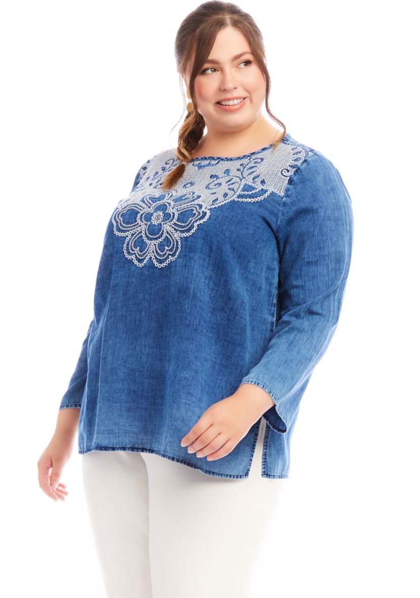 Plus Size Embroidered Boatneck Tunic