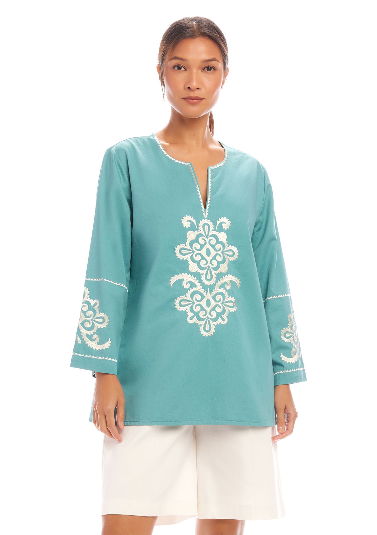 Womens 3/4 Sleeve Embroidered Tunic
