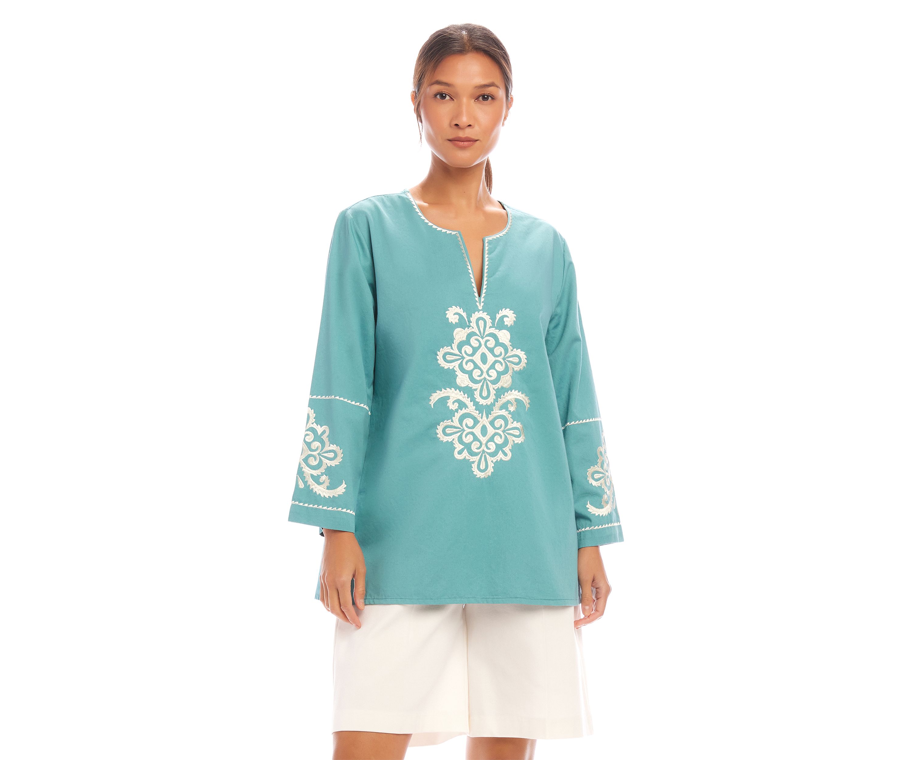 Womens 3/4 Sleeve Embroidered Tunic