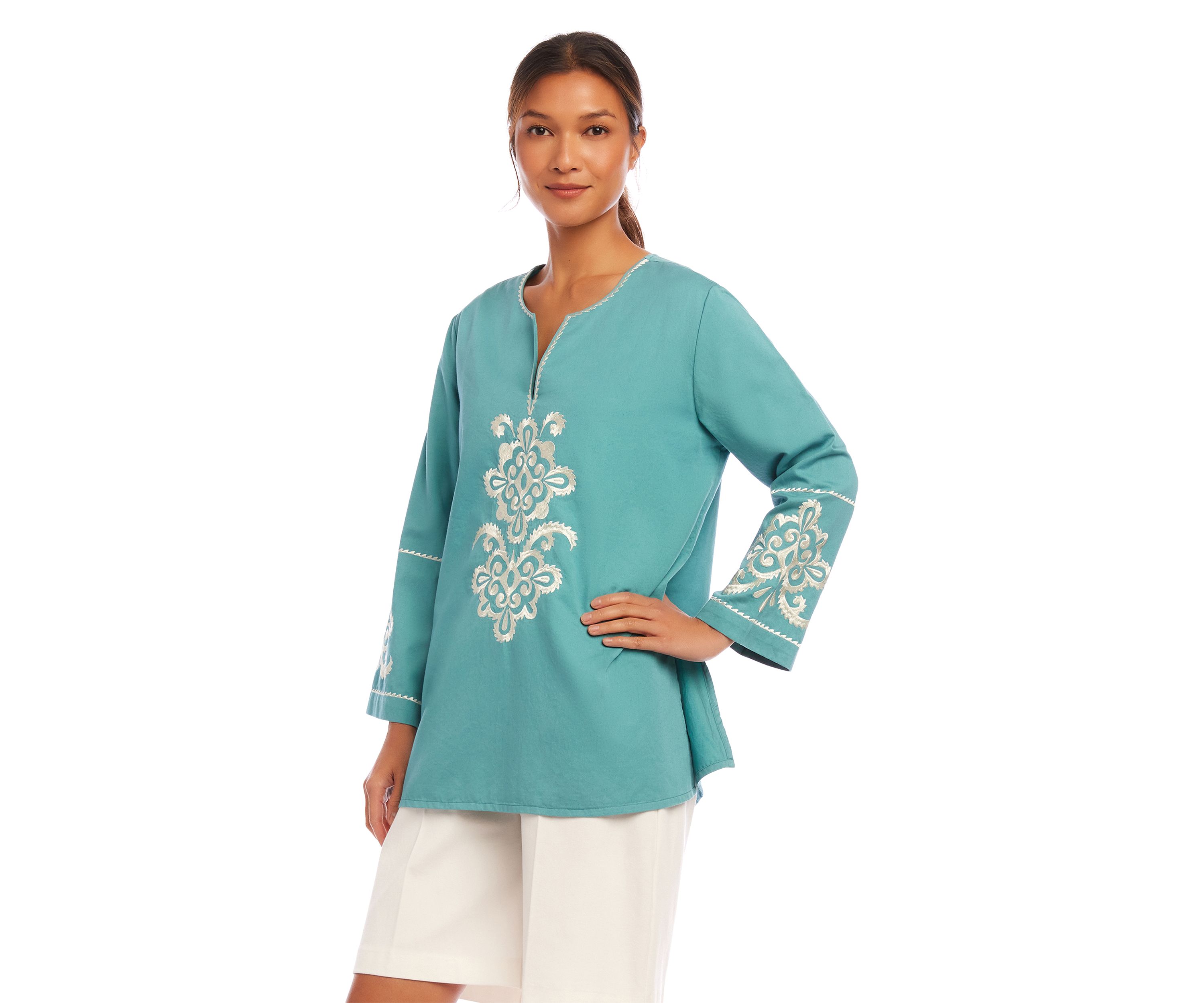 Womens 3/4 Sleeve Embroidered Tunic