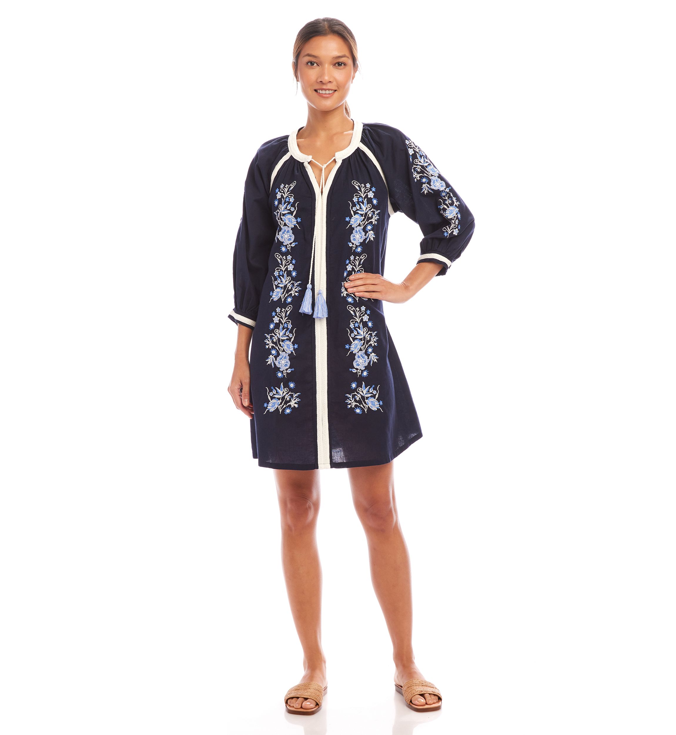 Womens Blouson Sleeve Embroidered Peasant Dress