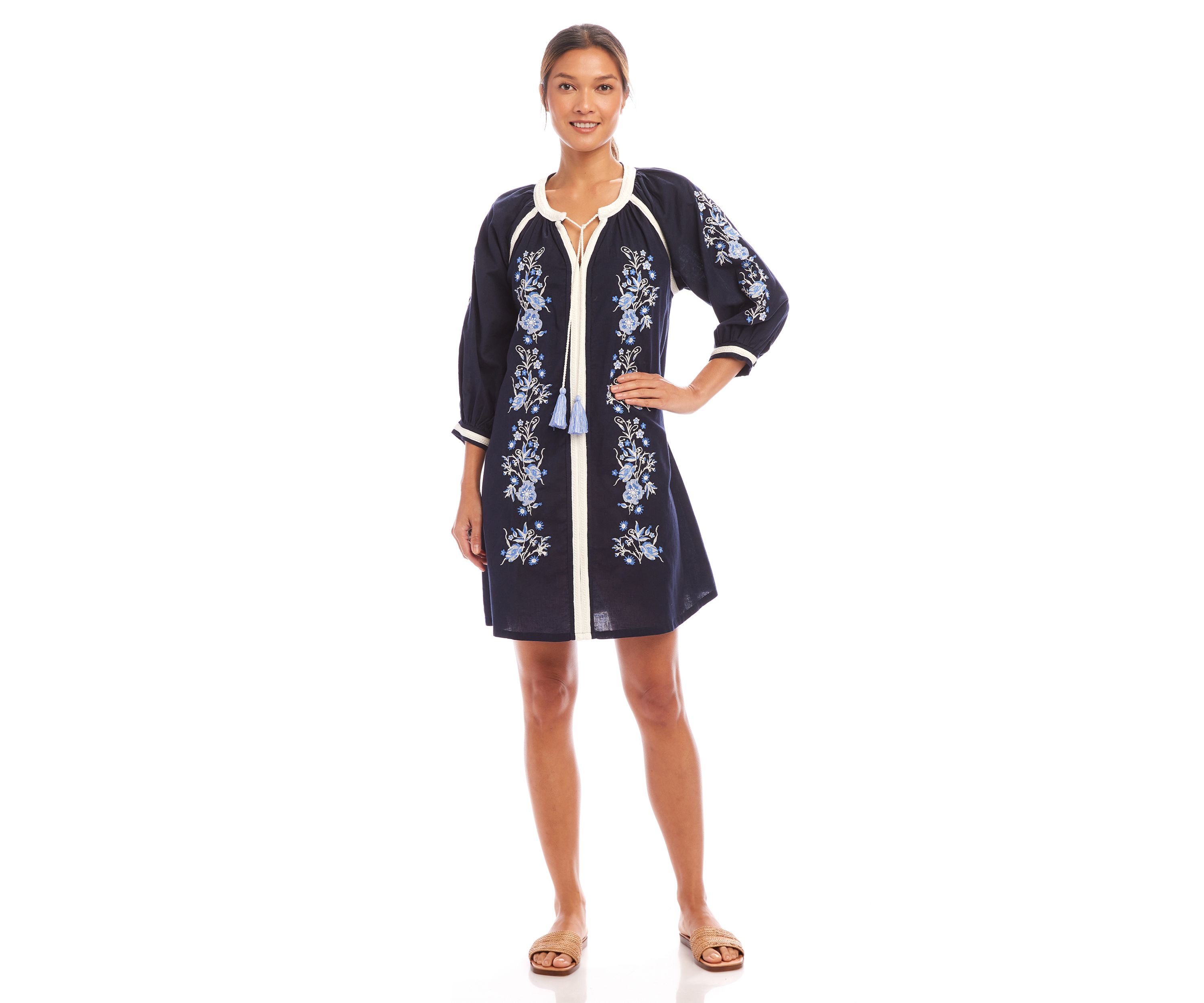 Womens Blouson Sleeve Embroidered Peasant Dress