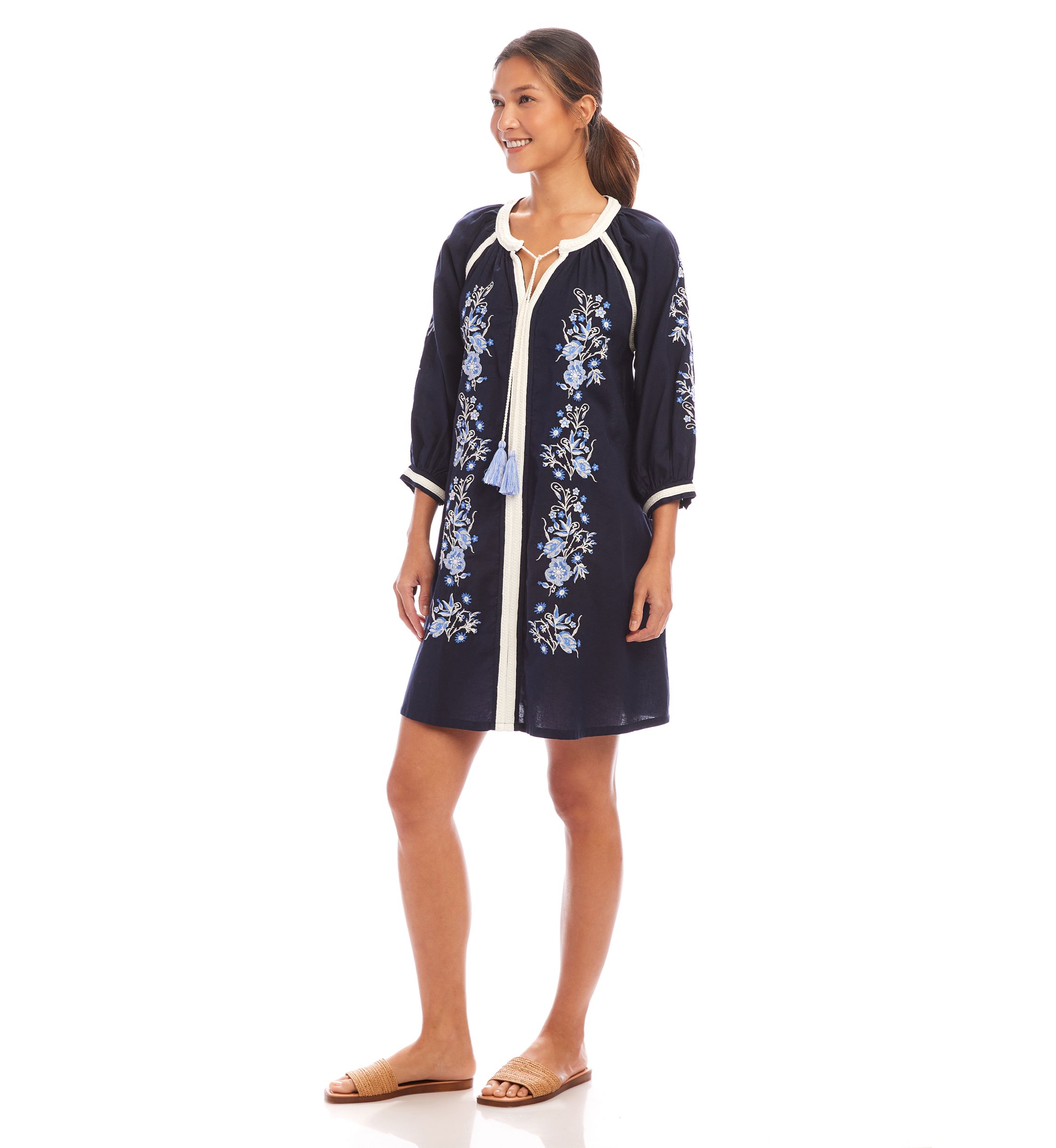 Womens Blouson Sleeve Embroidered Peasant Dress