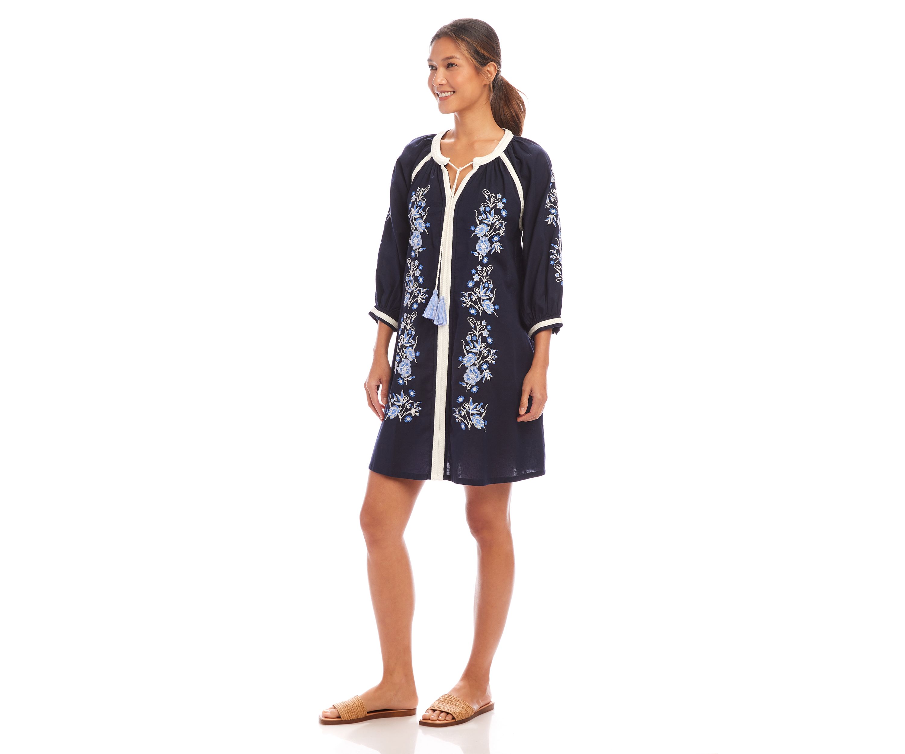 Womens Blouson Sleeve Embroidered Peasant Dress