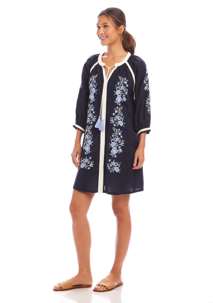 Womens Blouson Sleeve Embroidered Peasant Dress