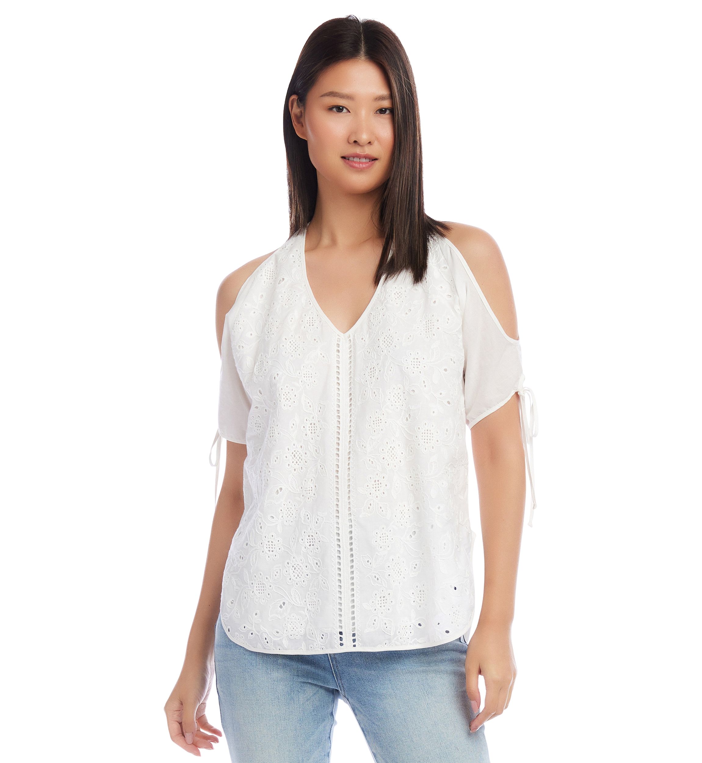 Petite Embroidered Cold Shoulder Top