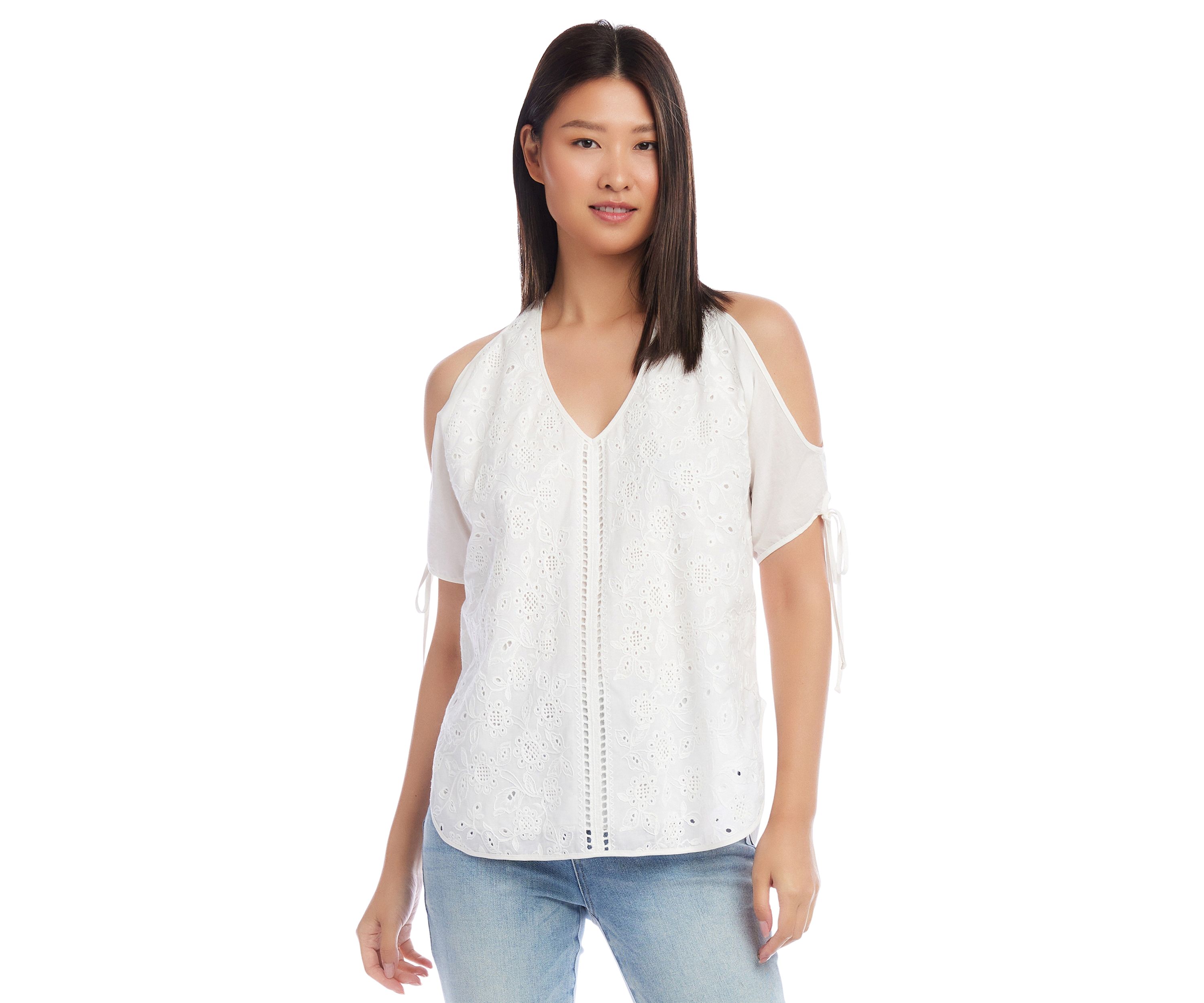 Petite Embroidered Cold Shoulder Top